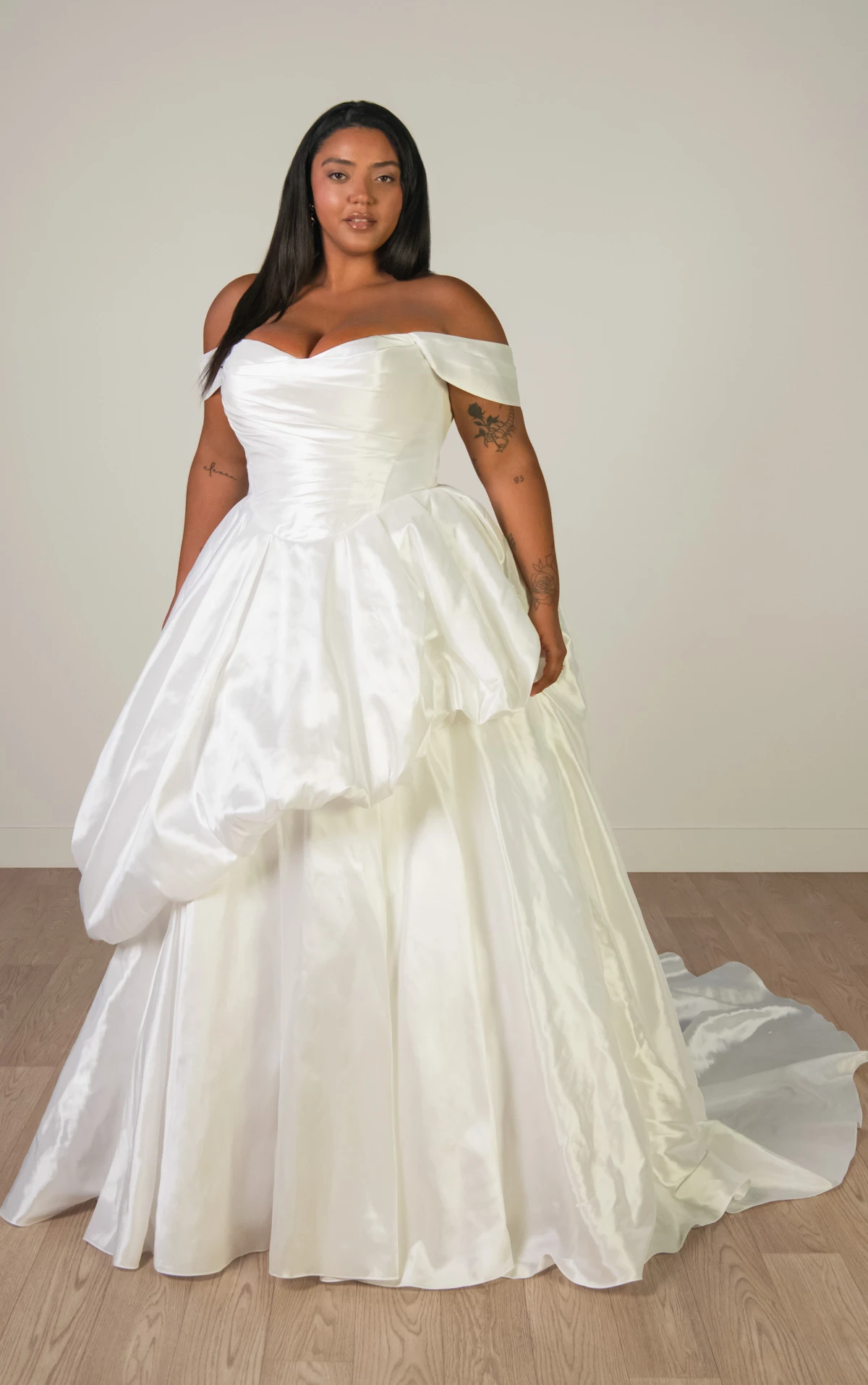 sy8309 Off-the-Shoulder Shimmering Organza Ballgown with Ruched Bodice and Pickups by Stella York