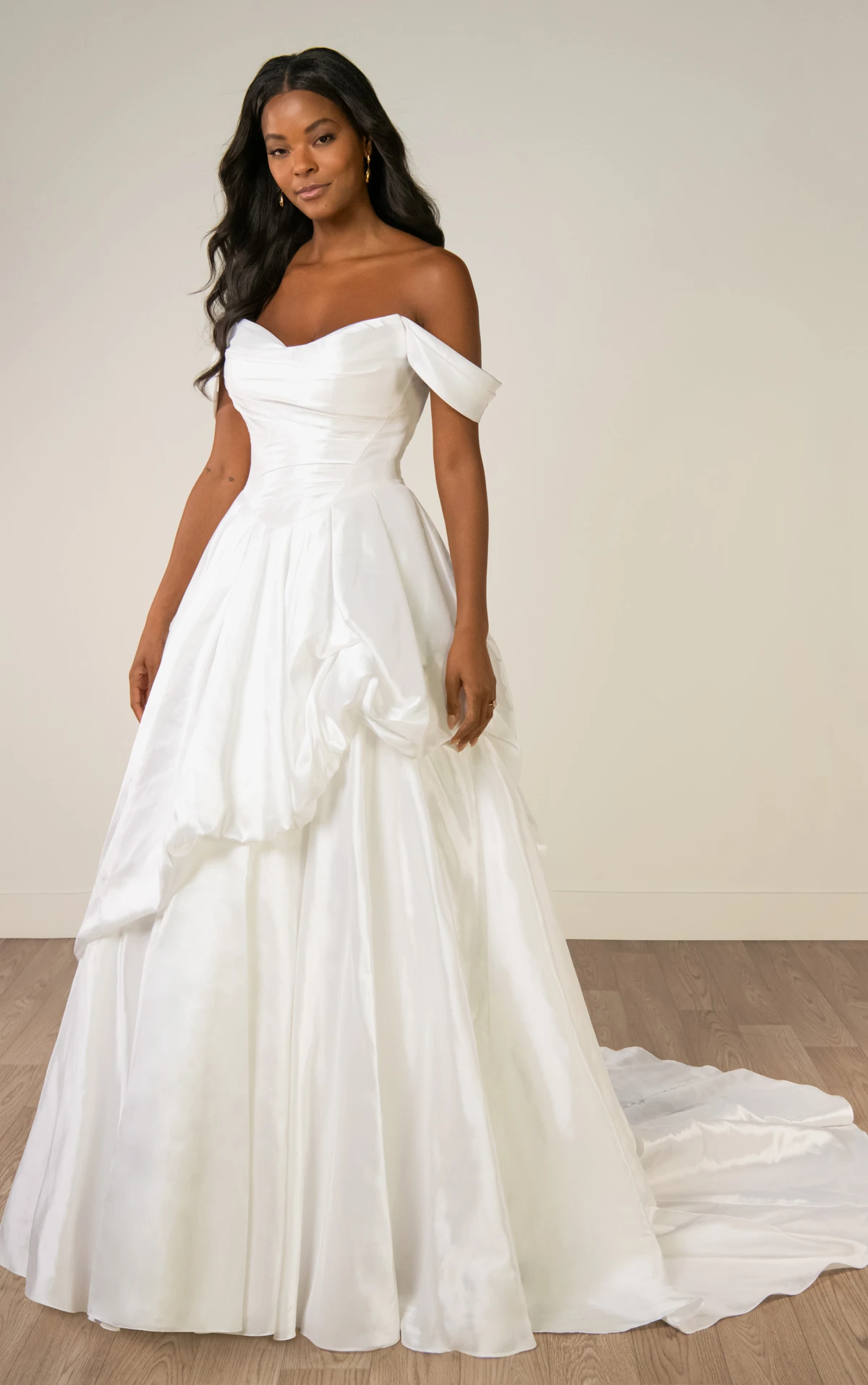 sy8309 Off-the-Shoulder Shimmering Organza Ballgown with Ruched Bodice and Pickups by Stella York