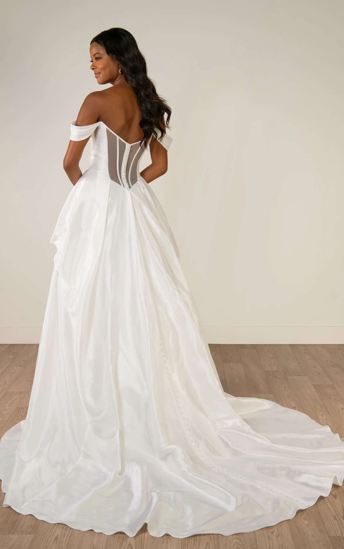 sy8309 Off-the-Shoulder Shimmering Organza Ballgown with Ruched Bodice and Pickups by Stella York