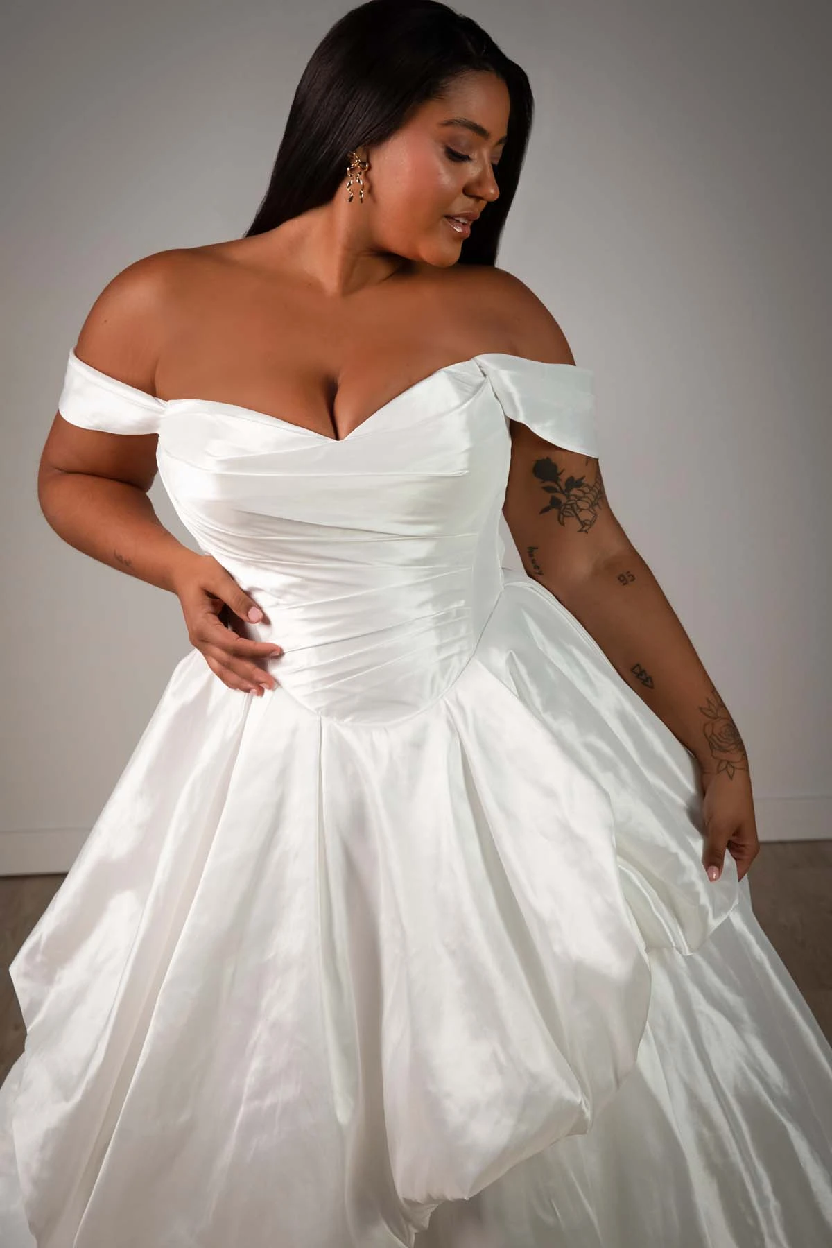 sy8309+ Plus Size Off-the-Shoulder Shimmering Organza Ballgown with Ruched Bodice and Pickups by Stella York
