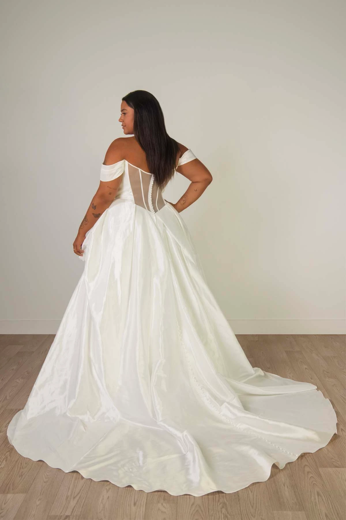sy8309+ Plus Size Off-the-Shoulder Shimmering Organza Ballgown with Ruched Bodice and Pickups by Stella York