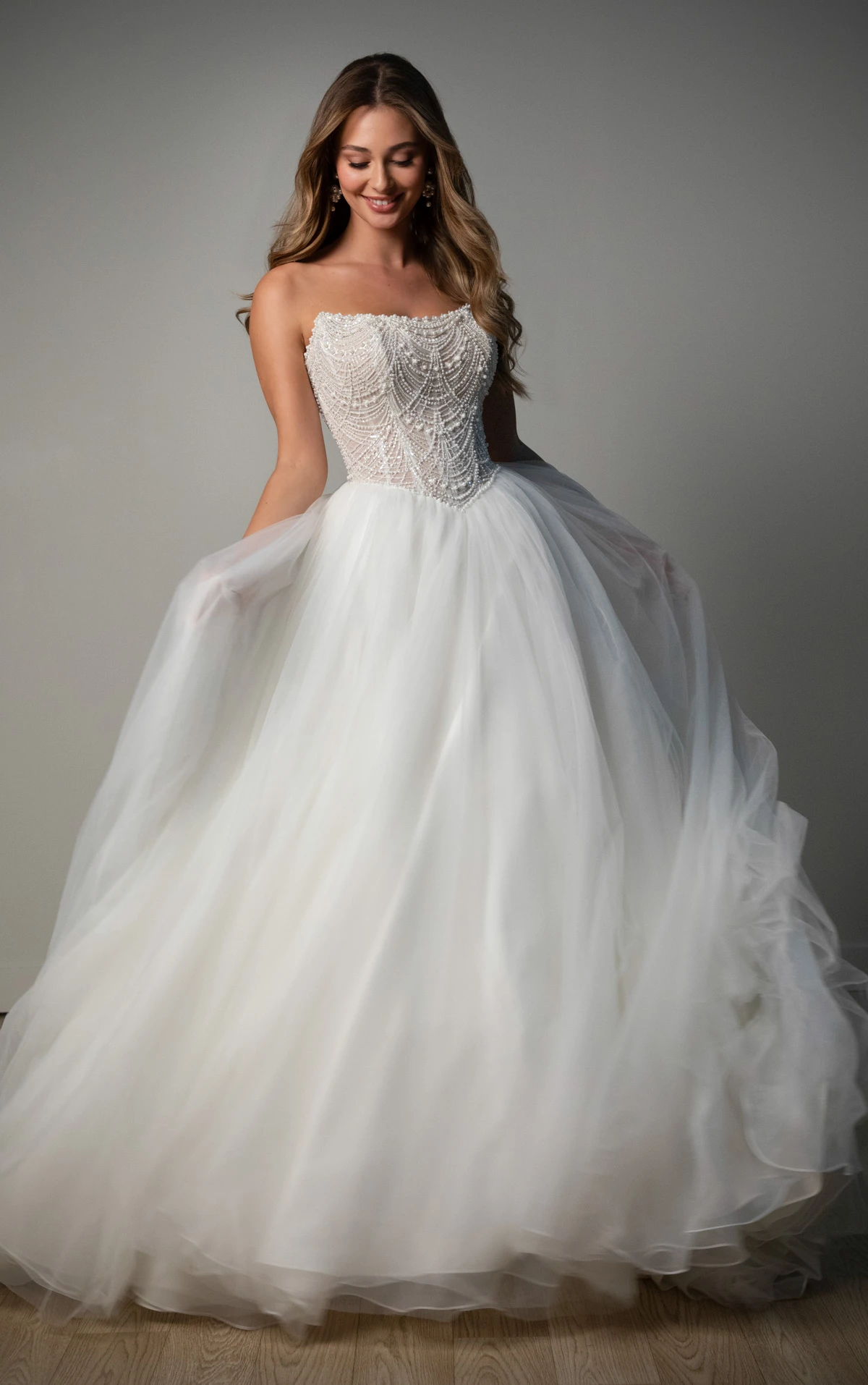 sy8312 Strapless Pearl-Beaded Corset Ballgown with Frothy Tulle Skirt by Stella York