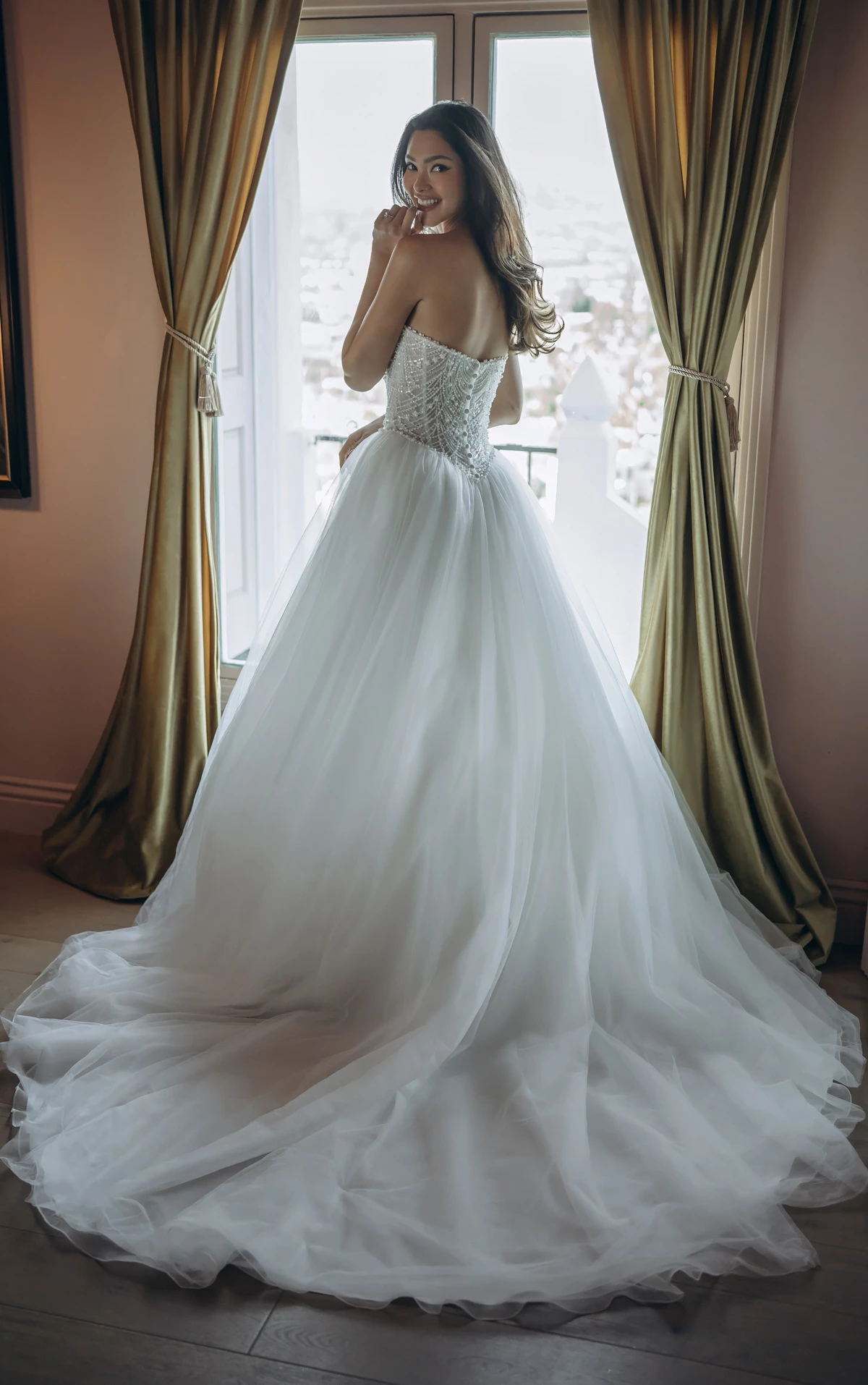 sy8312 Strapless Pearl-Beaded Corset Ballgown with Frothy Tulle Skirt by Stella York