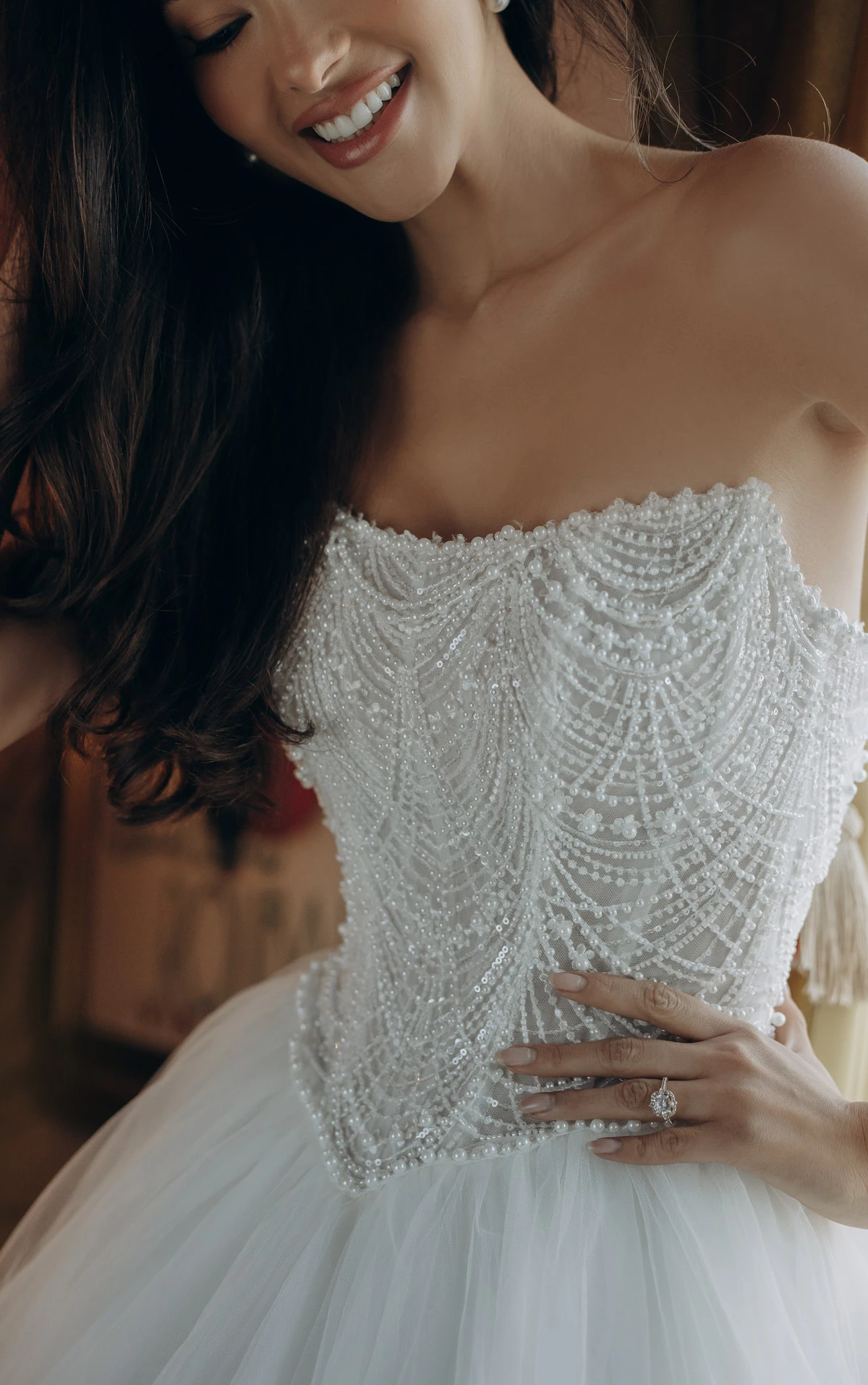 sy8312 Strapless Pearl-Beaded Corset Ballgown with Frothy Tulle Skirt by Stella York