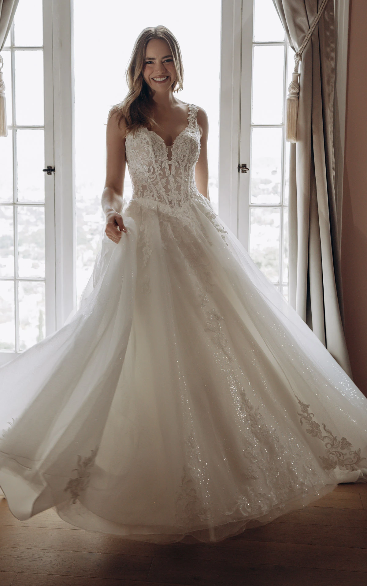 Sparkle Tulle and Lace A-Line Wedding Gown with Corset Bodice and Plunge V-Neckline, SY8314, byStella York