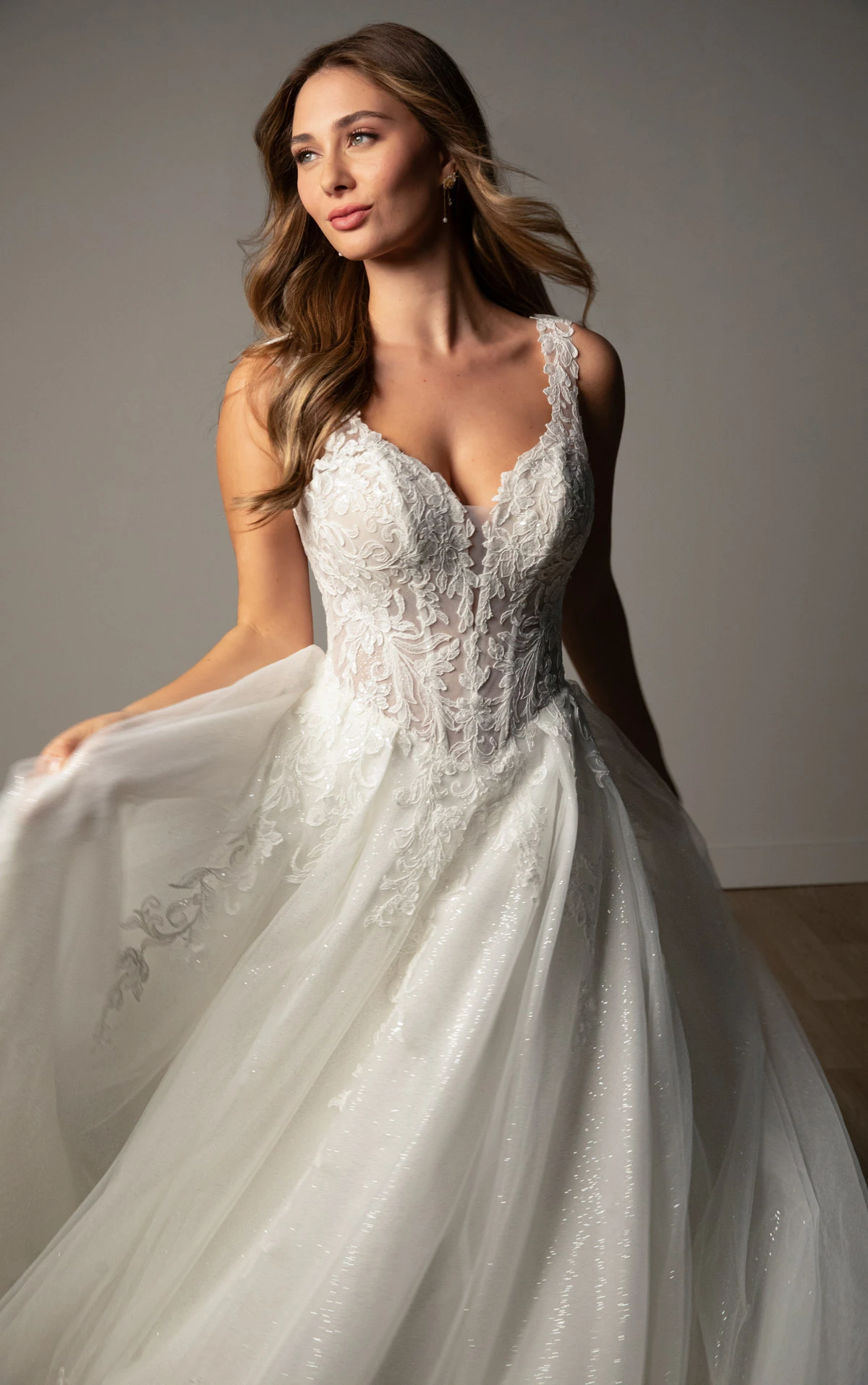 sy8314 Sparkle Tulle and Lace A-Line Wedding Gown with Corset Bodice and Plunge V-Neckline by Stella York