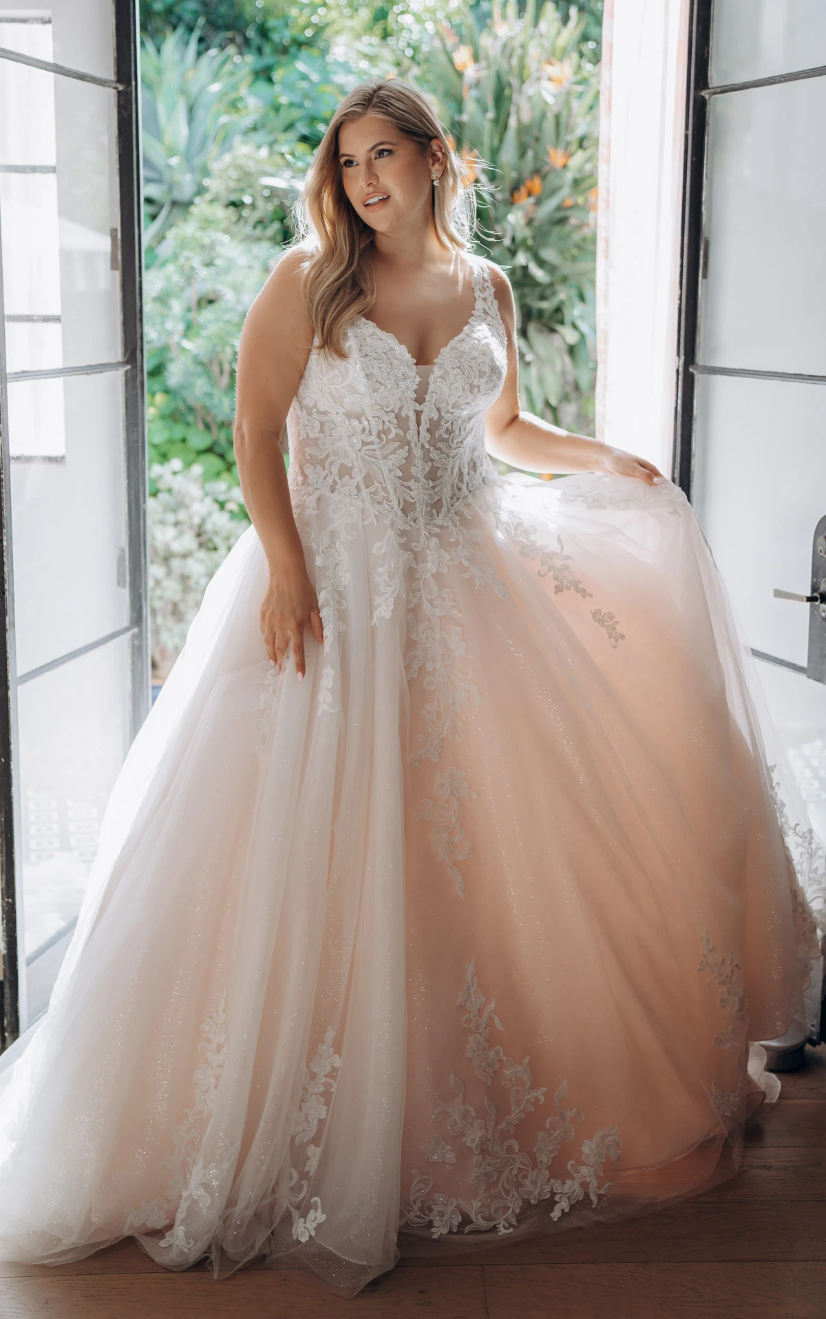 sy8314 Sparkle Tulle and Lace A-Line Wedding Gown with Corset Bodice and Plunge V-Neckline by Stella York