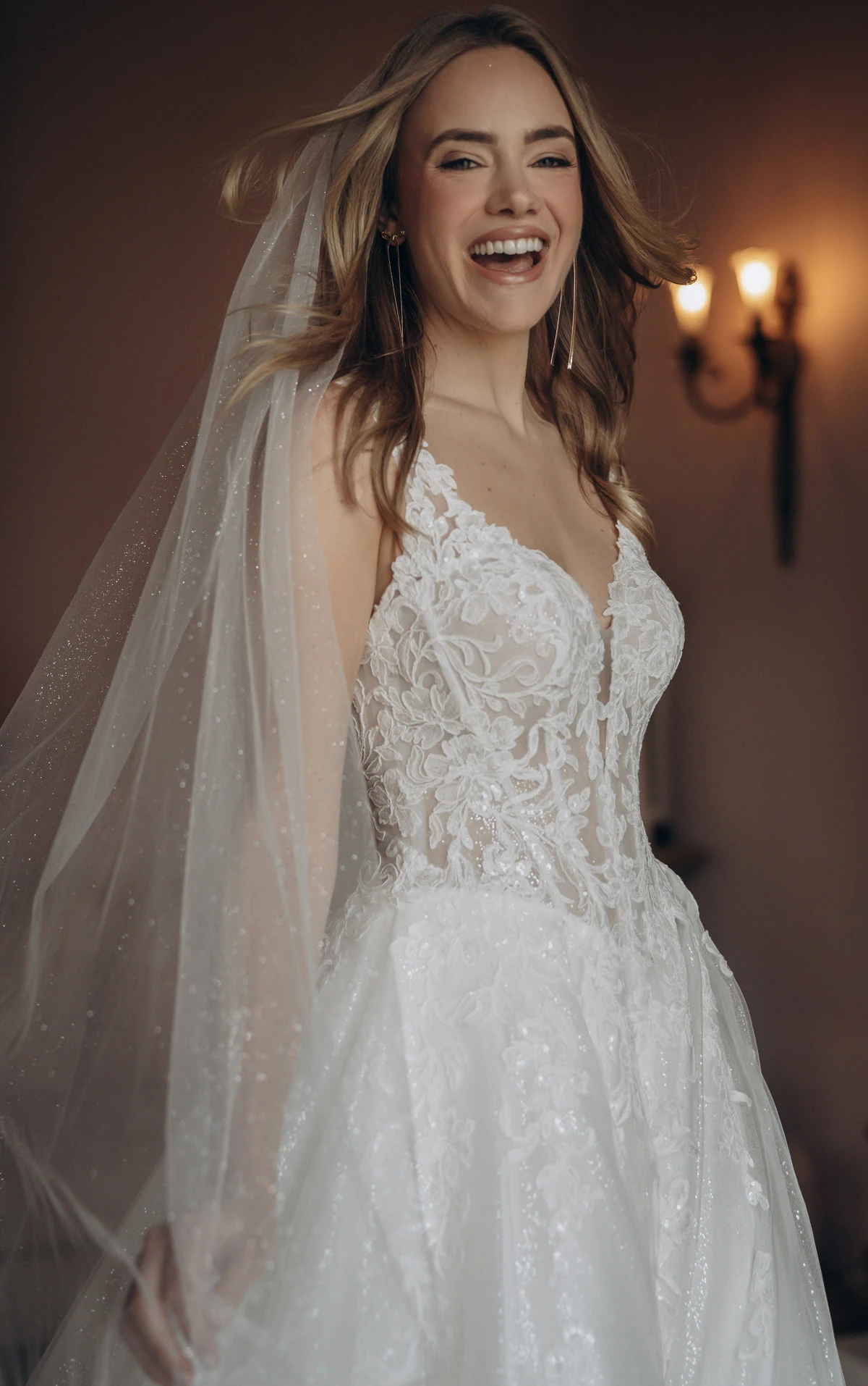 sy8314 Sparkle Tulle and Lace A-Line Wedding Gown with Corset Bodice and Plunge V-Neckline by Stella York