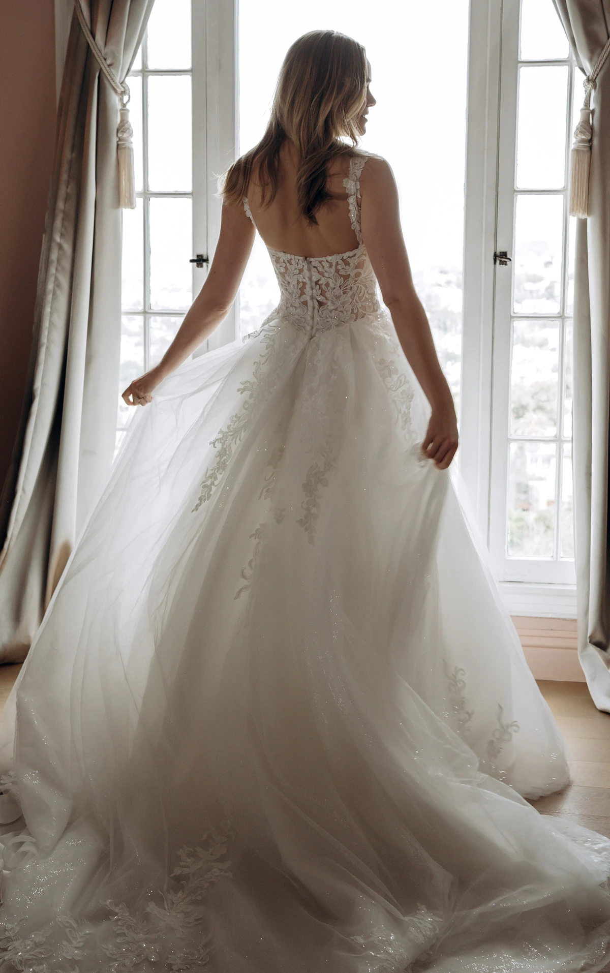 sy8314 Sparkle Tulle and Lace A-Line Wedding Gown with Corset Bodice and Plunge V-Neckline by Stella York