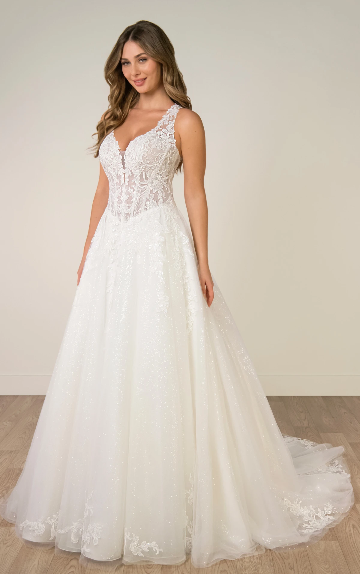 sy8314 Sparkle Tulle and Lace A-Line Wedding Gown with Corset Bodice and Plunge V-Neckline by Stella York