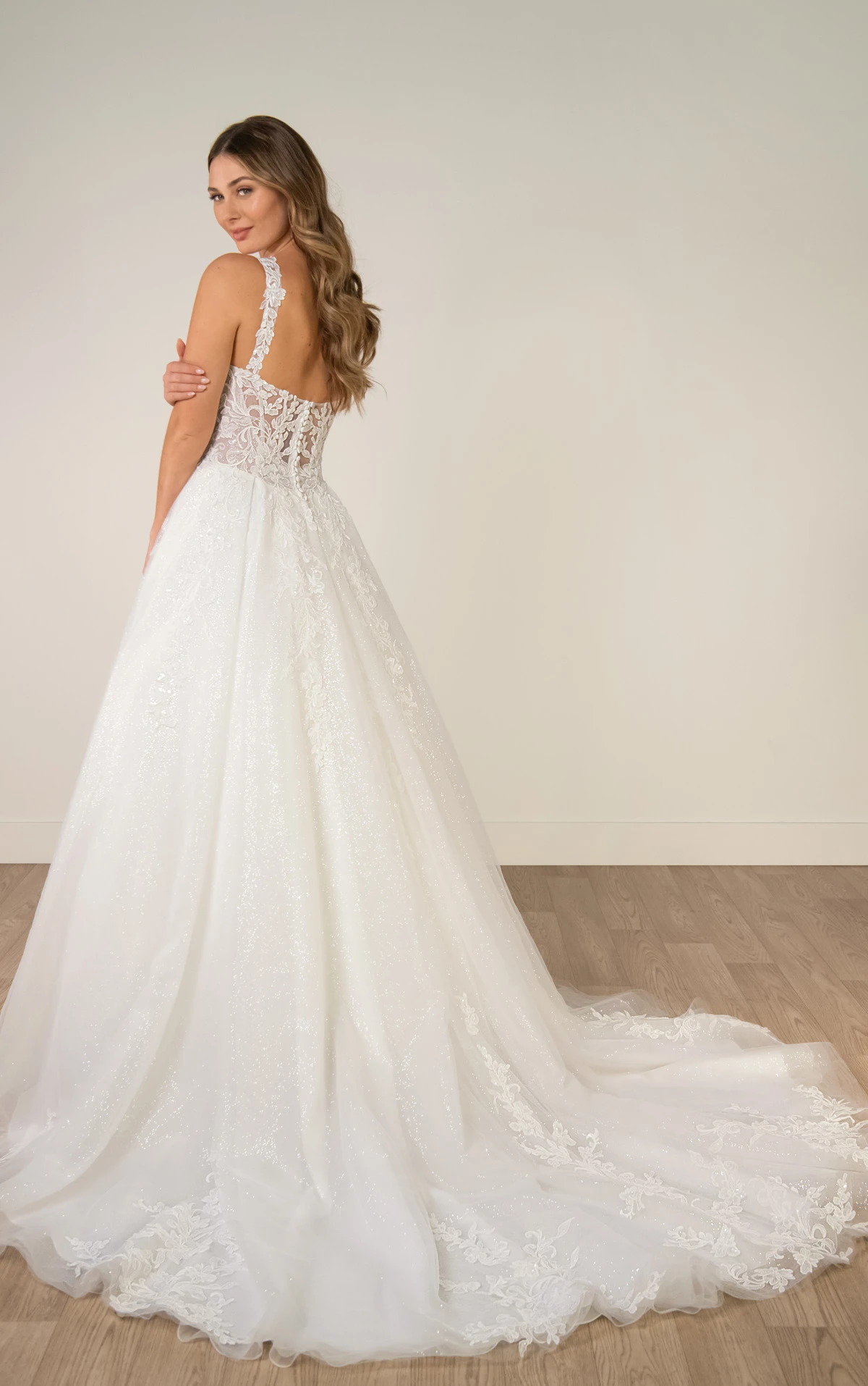 sy8314 Sparkle Tulle and Lace A-Line Wedding Gown with Corset Bodice and Plunge V-Neckline by Stella York