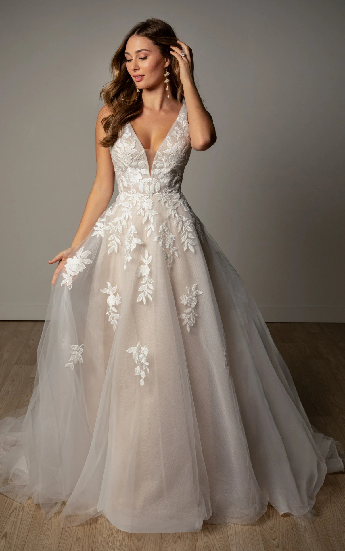 sy8316 V-Neckline Lace and Tulle A-Line Wedding Gown with Plunge Illusion Details by Stella York
