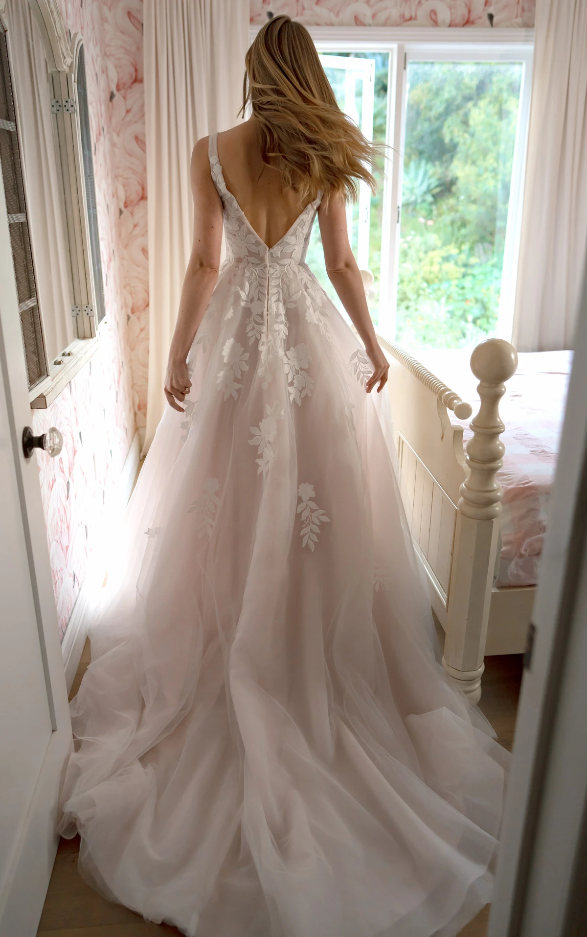 sy8316 V-Neckline Lace and Tulle A-Line Wedding Gown with Plunge Illusion Details by Stella York