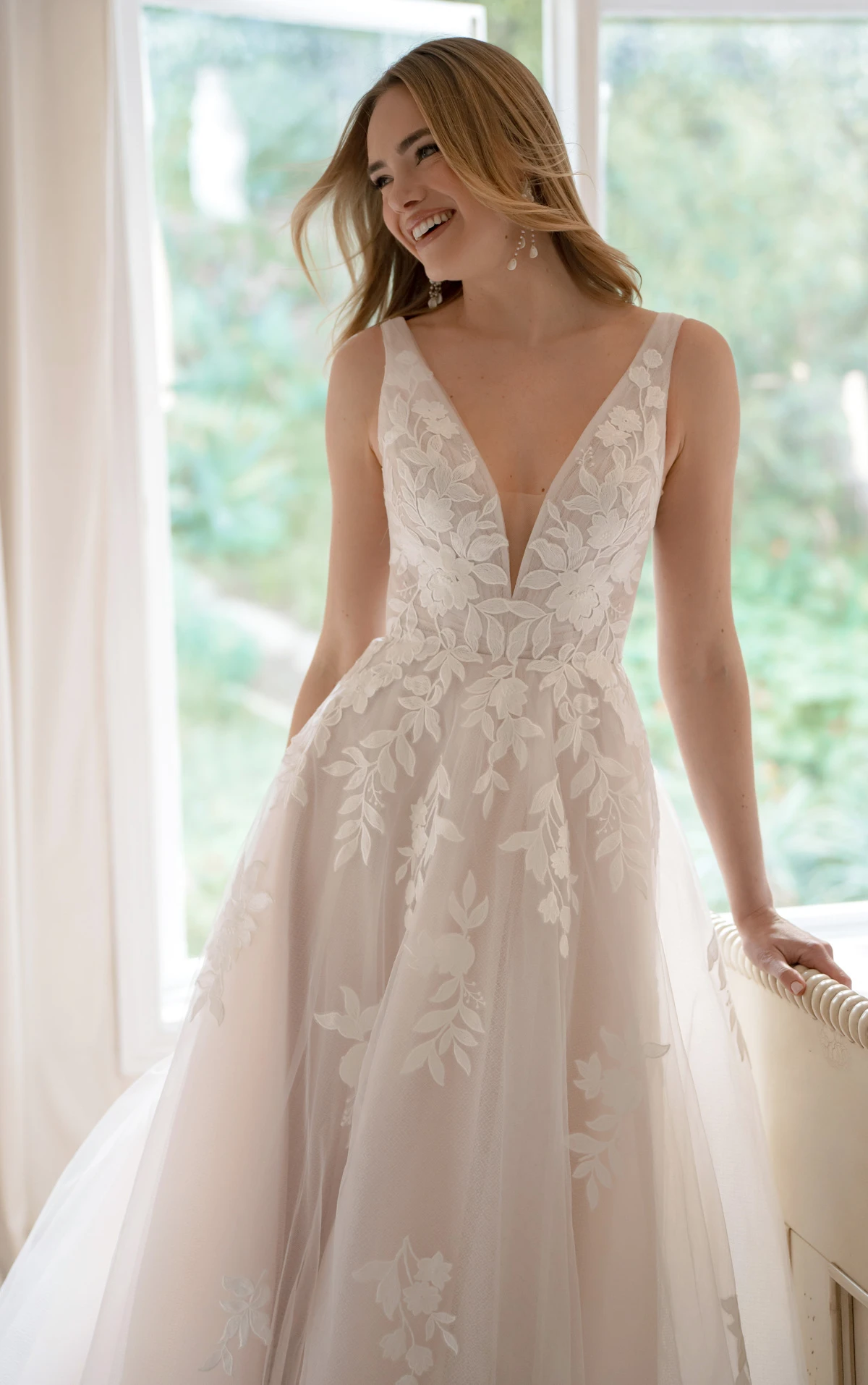 sy8316 V-Neckline Lace and Tulle A-Line Wedding Gown with Plunge Illusion Details by Stella York