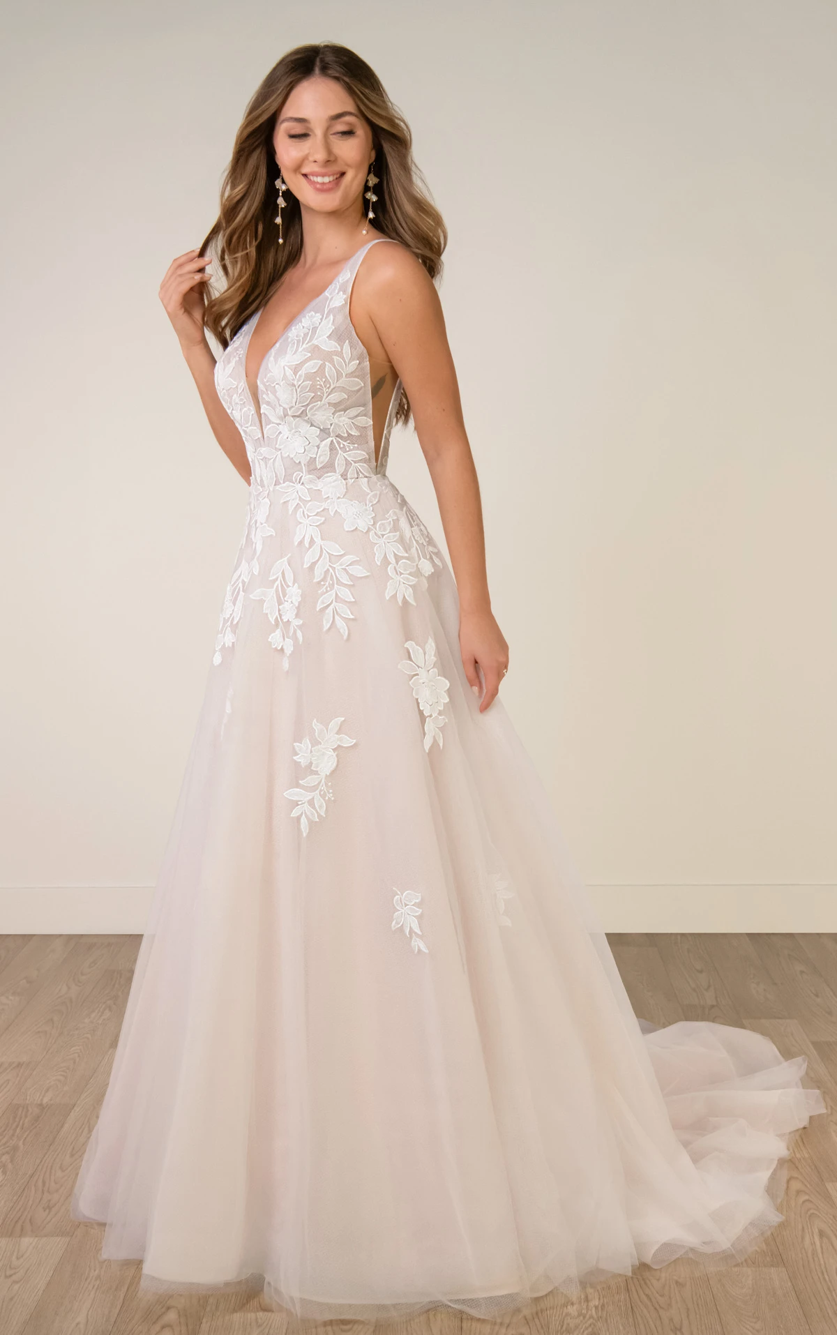 sy8316 V-Neckline Lace and Tulle A-Line Wedding Gown with Plunge Illusion Details by Stella York
