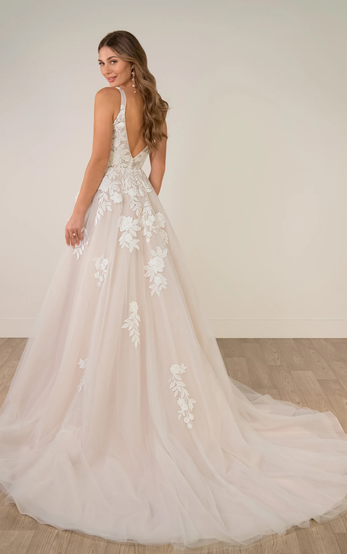 sy8316 V-Neckline Lace and Tulle A-Line Wedding Gown with Plunge Illusion Details by Stella York