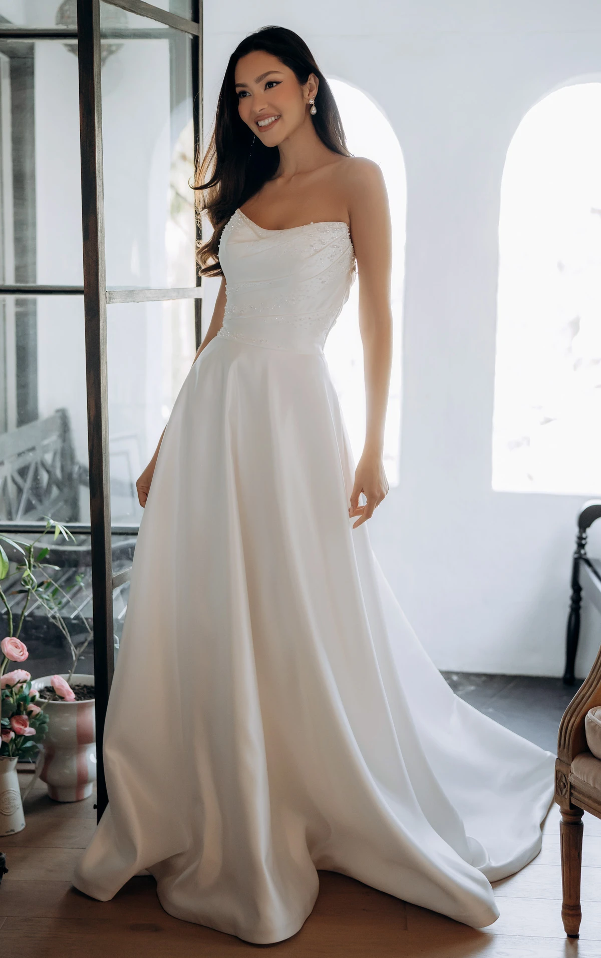 Strapless Satin A-Line Wedding Gown with Pearlescent Beading and Pockets, SY8318, byStella York