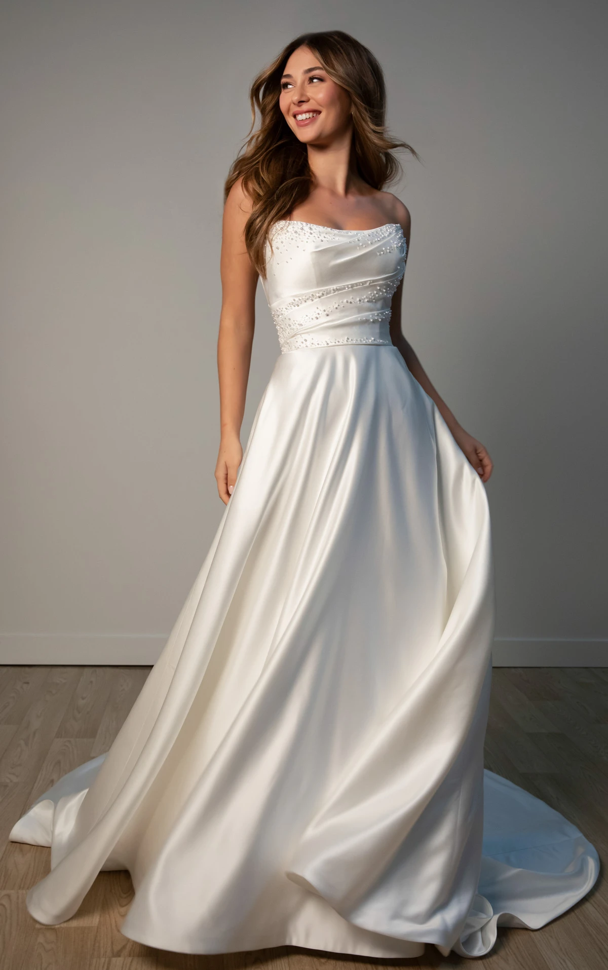 sy8318 Strapless Satin A-Line Wedding Gown with Pearlescent Beading and Pockets by Stella York