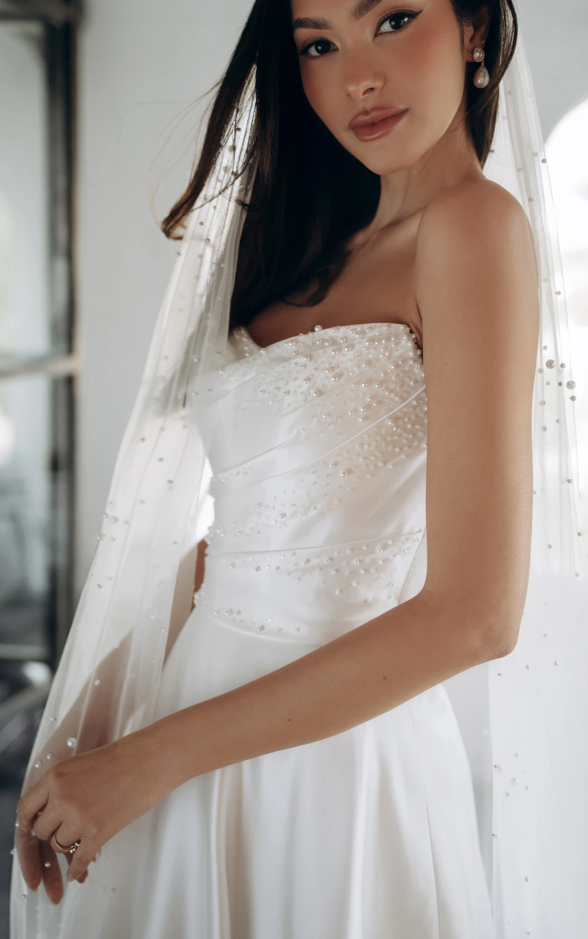sy8318 Strapless Satin A-Line Wedding Gown with Pearlescent Beading and Pockets by Stella York