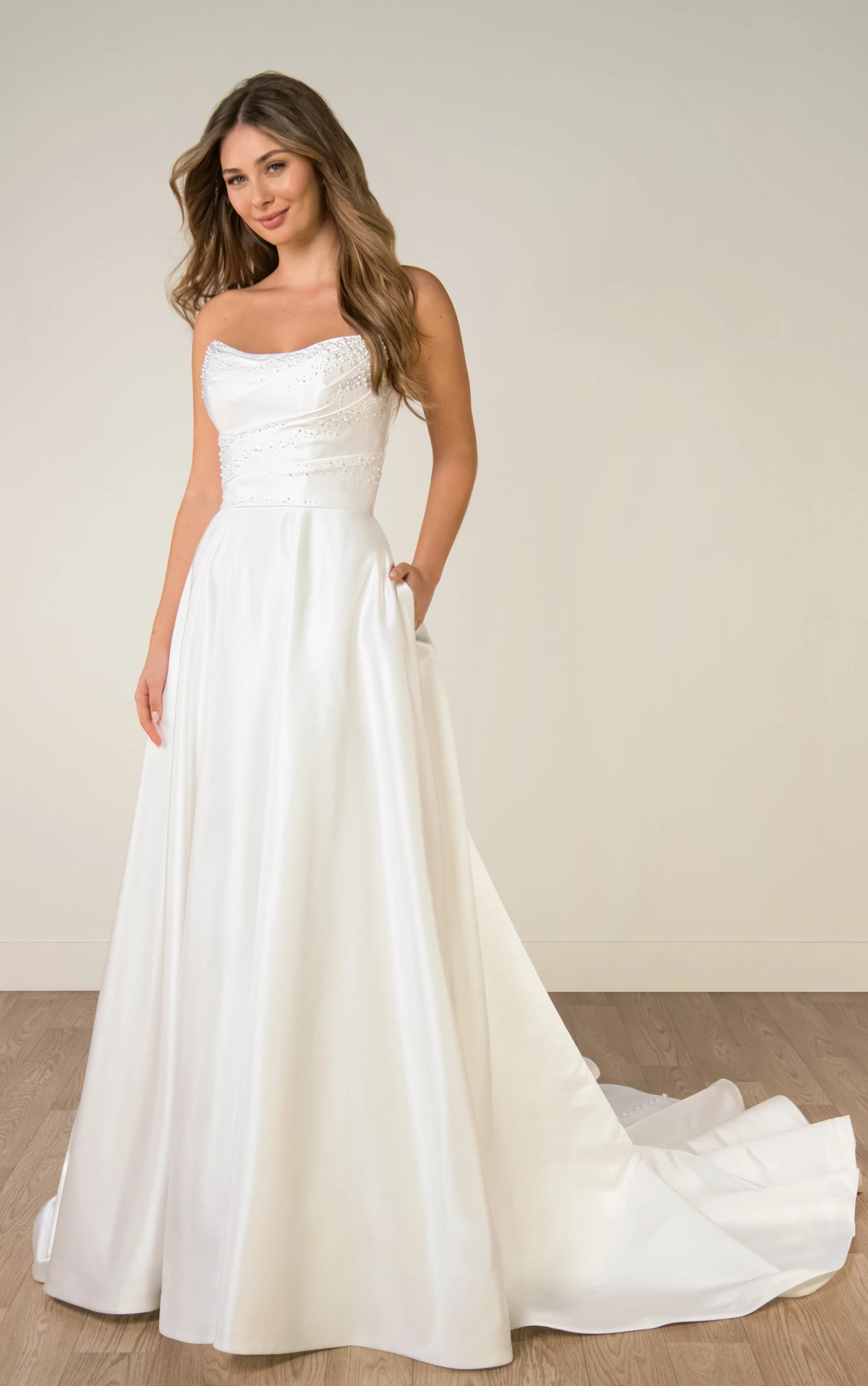 sy8318 Strapless Satin A-Line Wedding Gown with Pearlescent Beading and Pockets by Stella York