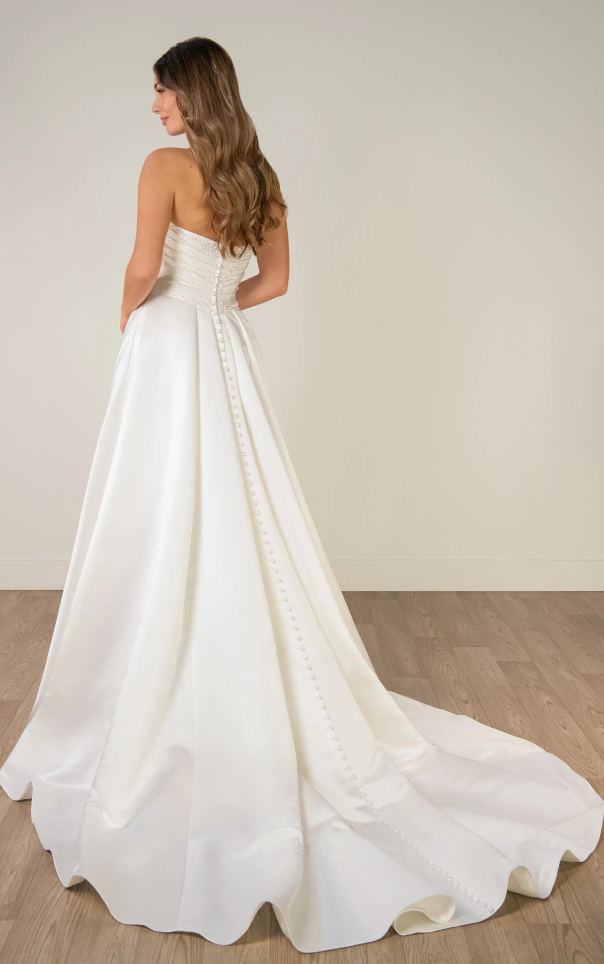 sy8318 Strapless Satin A-Line Wedding Gown with Pearlescent Beading and Pockets by Stella York