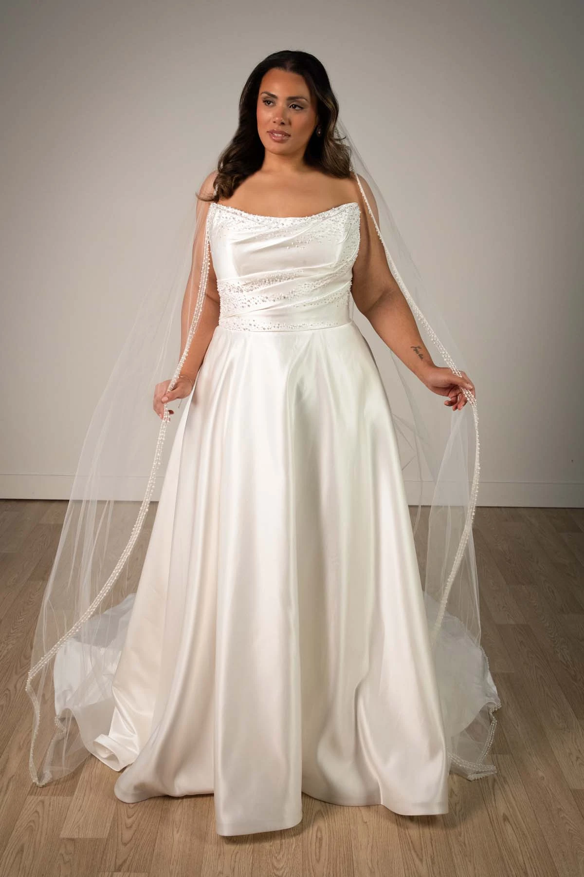 sy8318+ Plus Size Strapless Satin A-Line Wedding Gown with Pearlescent Beading and Pockets by Stella York