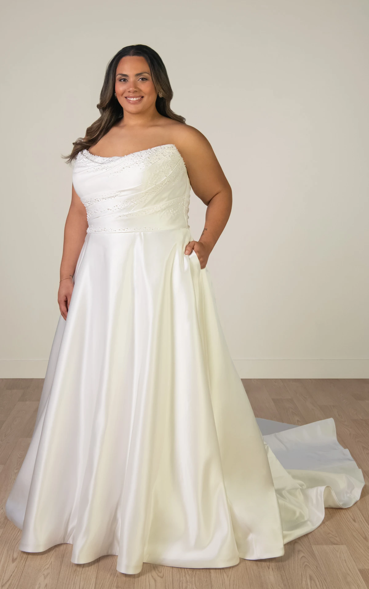 sy8318+ Plus Size Strapless Satin A-Line Wedding Gown with Pearlescent Beading and Pockets by Stella York