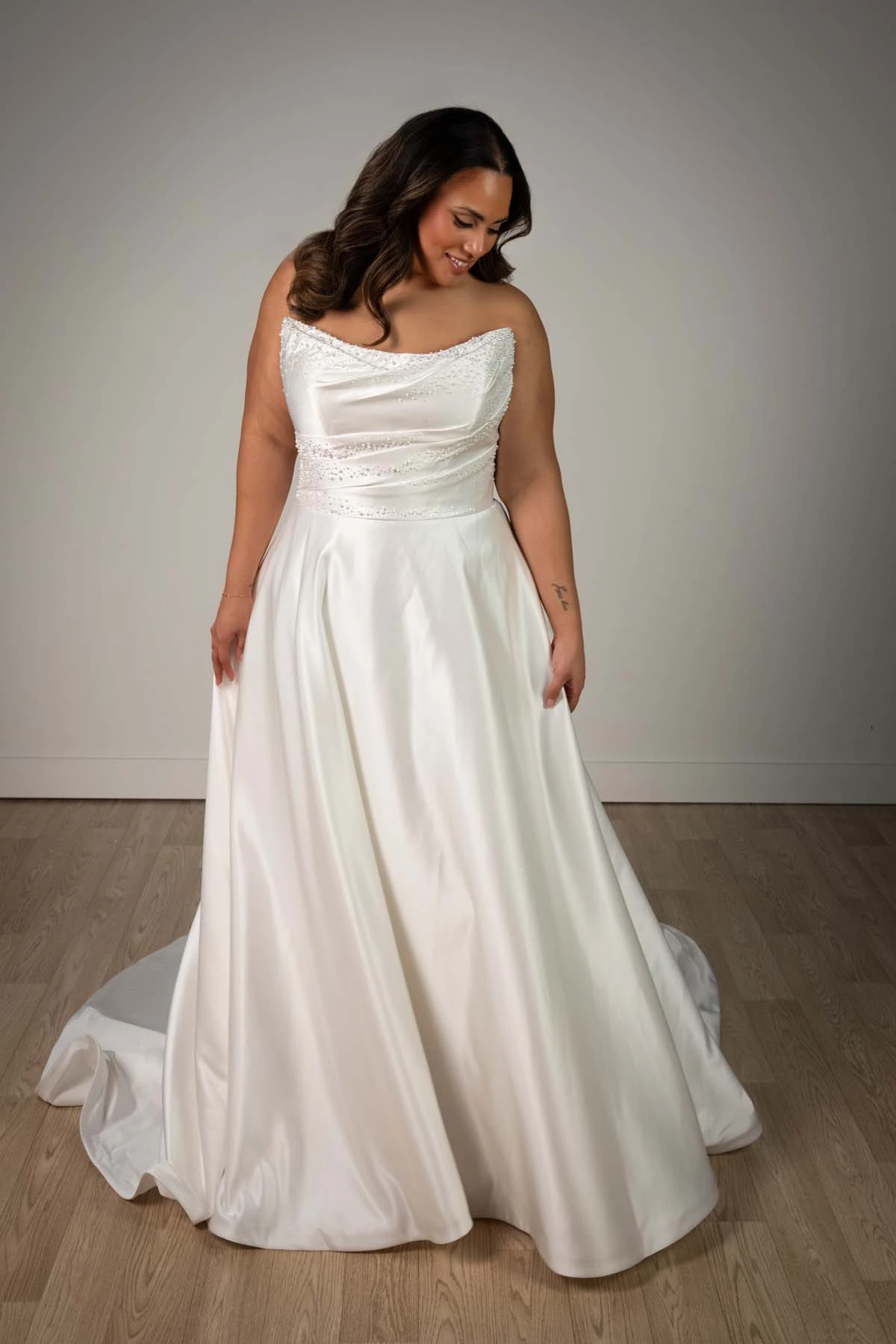 sy8318+ Plus Size Strapless Satin A-Line Wedding Gown with Pearlescent Beading and Pockets by Stella York