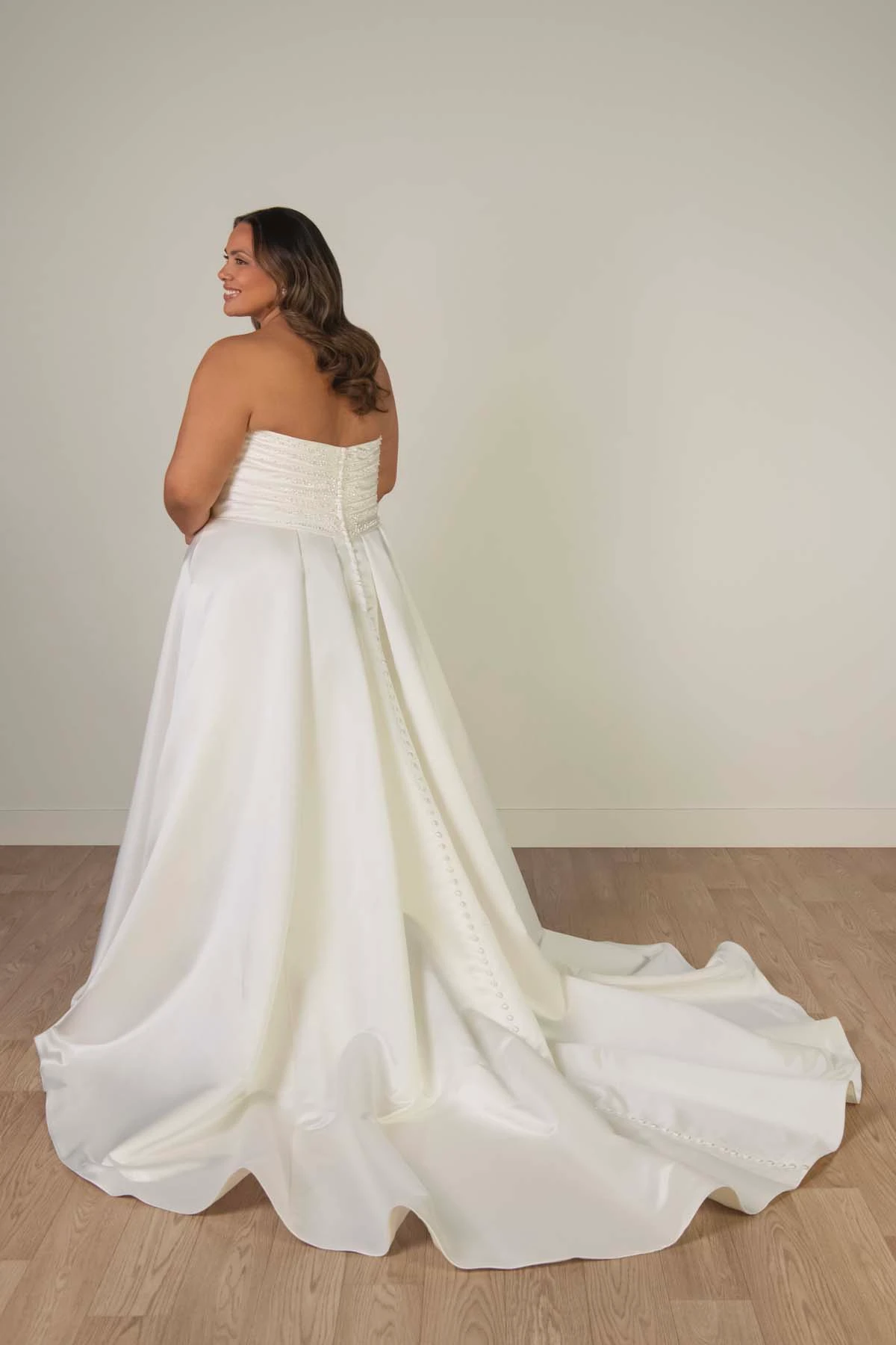 sy8318+ Plus Size Strapless Satin A-Line Wedding Gown with Pearlescent Beading and Pockets by Stella York