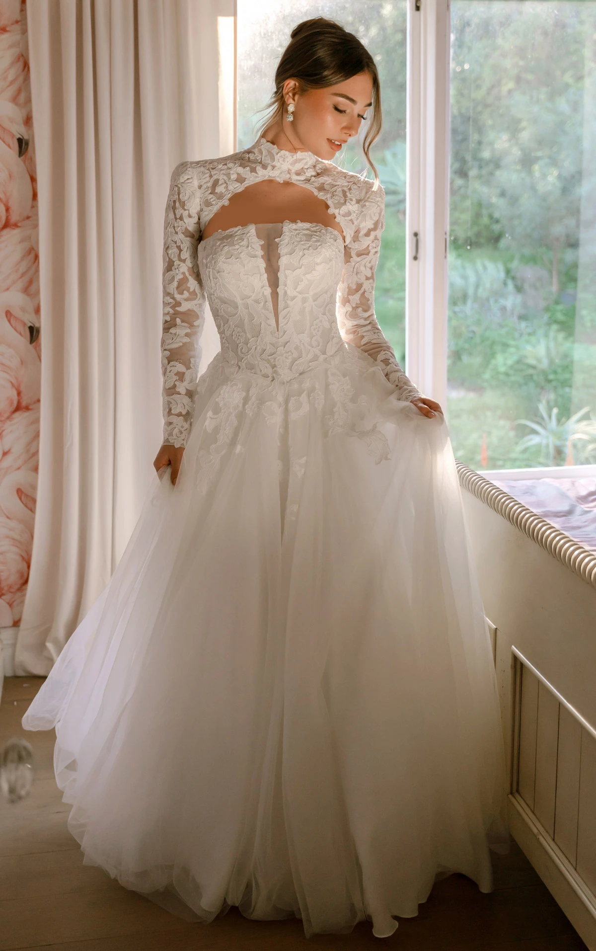 Lace and Tulle A-Line Wedding Gown with Plunge Neckline and Removable High-Neck Topper, SY8324, byStella York