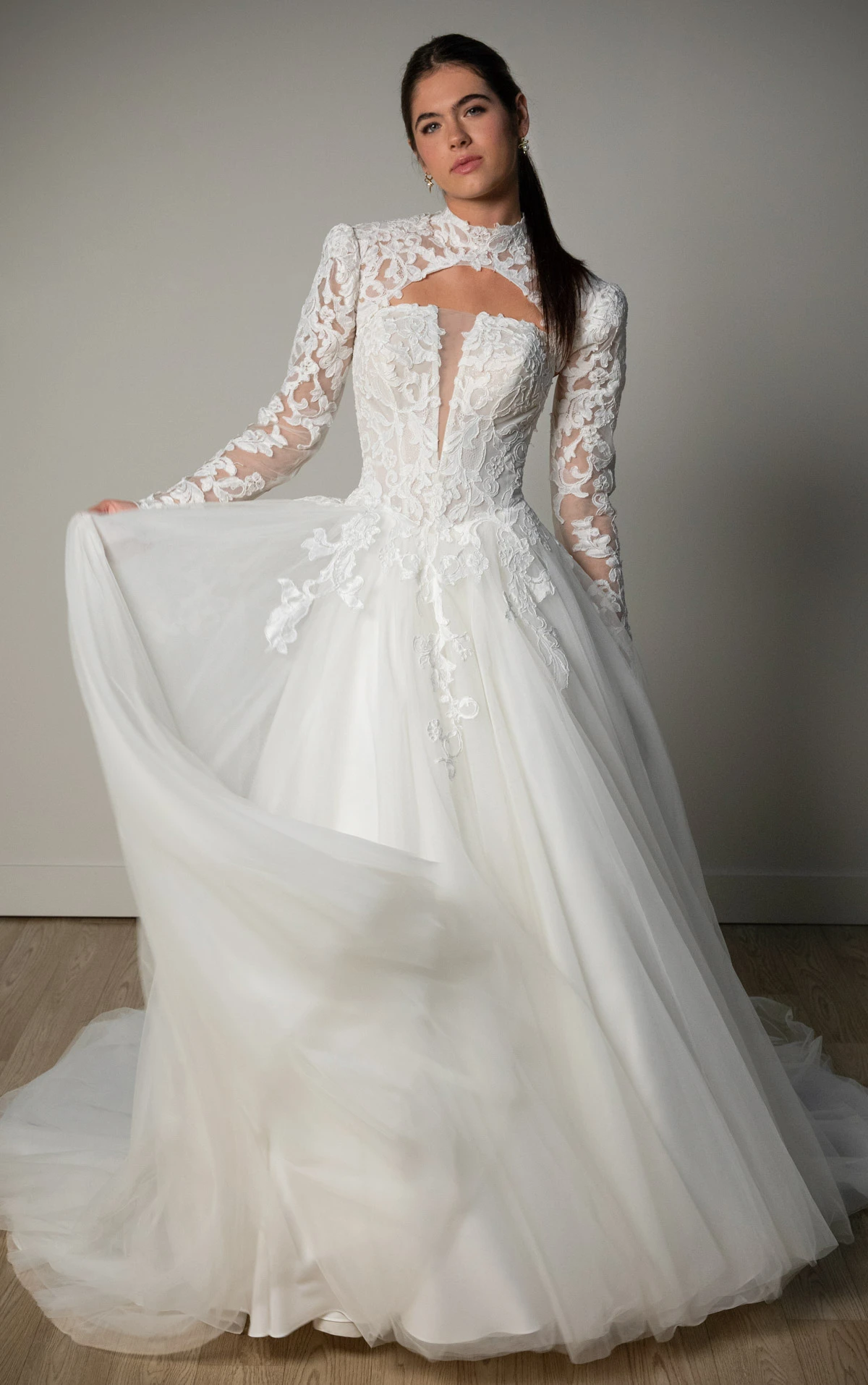 sy8324 Lace and Tulle A-Line Wedding Gown with Plunge Neckline and Removable High-Neck Topper by Stella York