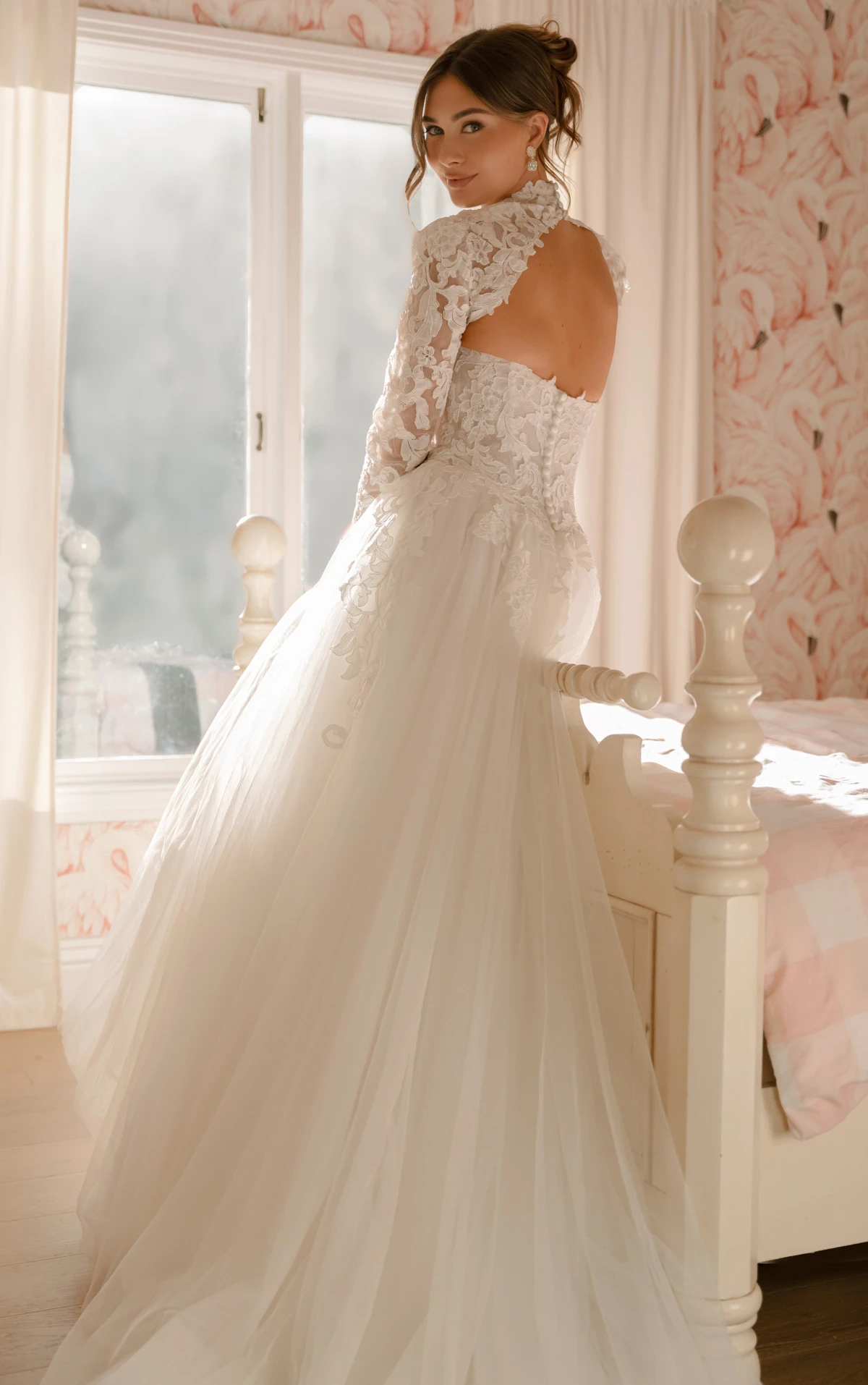 sy8324 Lace and Tulle A-Line Wedding Gown with Plunge Neckline and Removable High-Neck Topper by Stella York