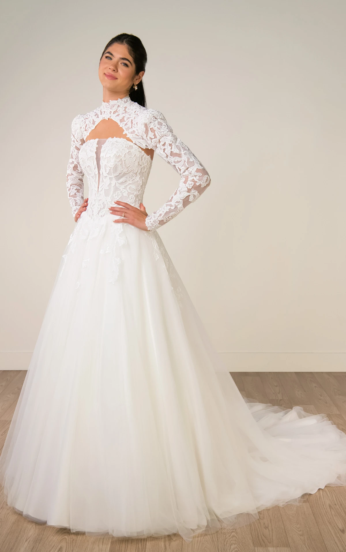 sy8324 Lace and Tulle A-Line Wedding Gown with Plunge Neckline and Removable High-Neck Topper by Stella York