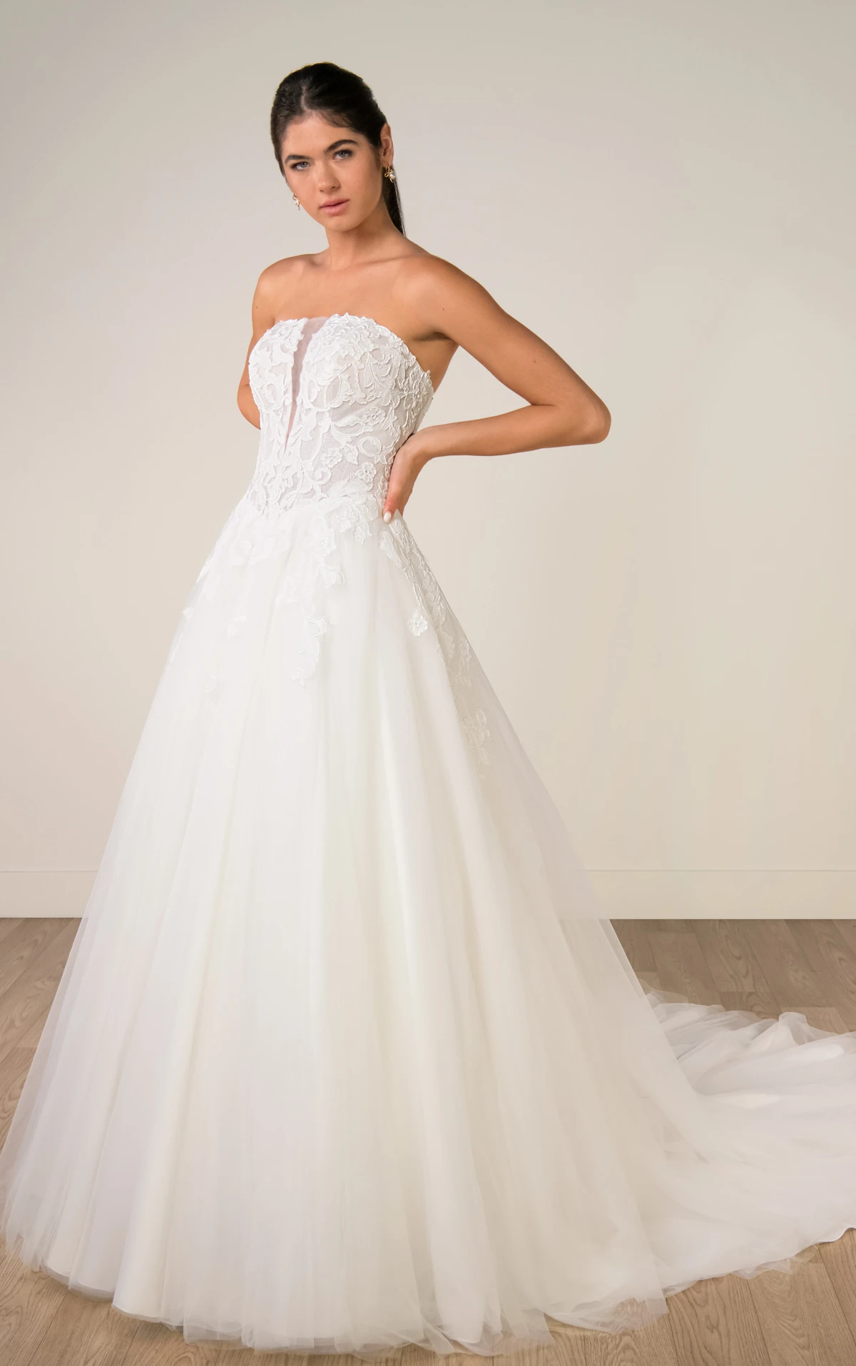 sy8324 Lace and Tulle A-Line Wedding Gown with Plunge Neckline and Removable High-Neck Topper by Stella York