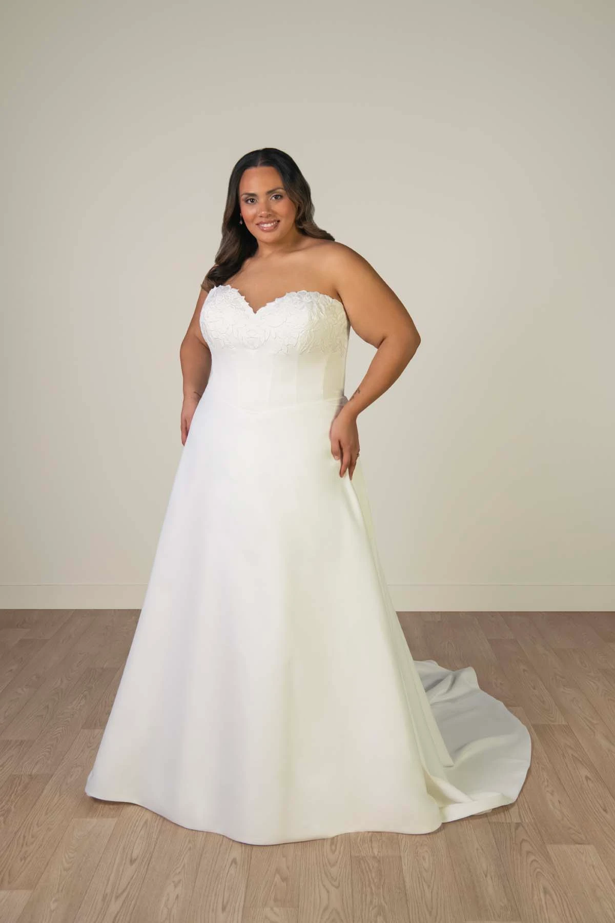 sy8328+ Plus Size Strapless Lace and Matte Satin A-Line Wedding Gown with Sweetheart Neckline by Stella York