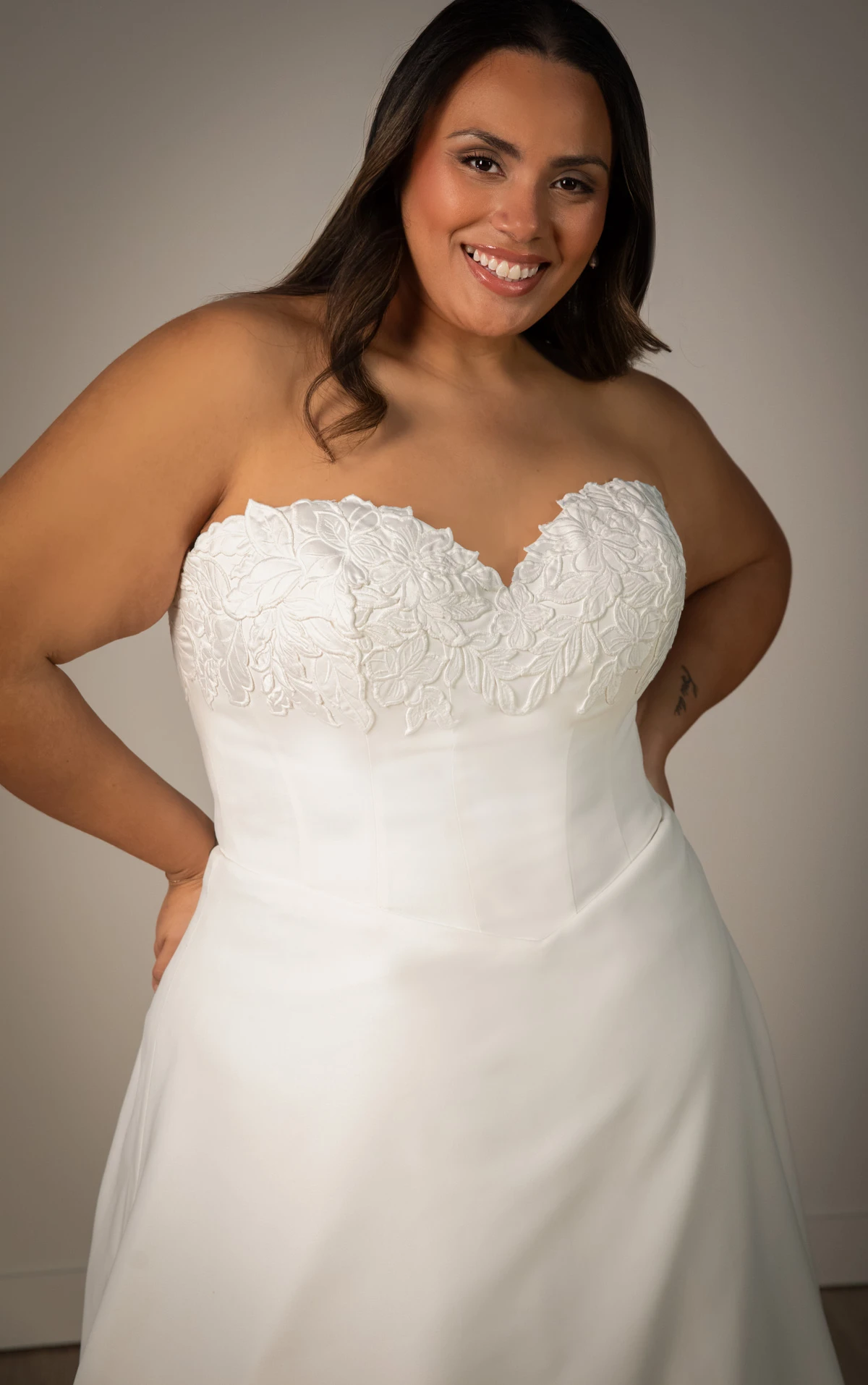 sy8328+ Plus Size Strapless Lace and Matte Satin A-Line Wedding Gown with Sweetheart Neckline  by Stella York
