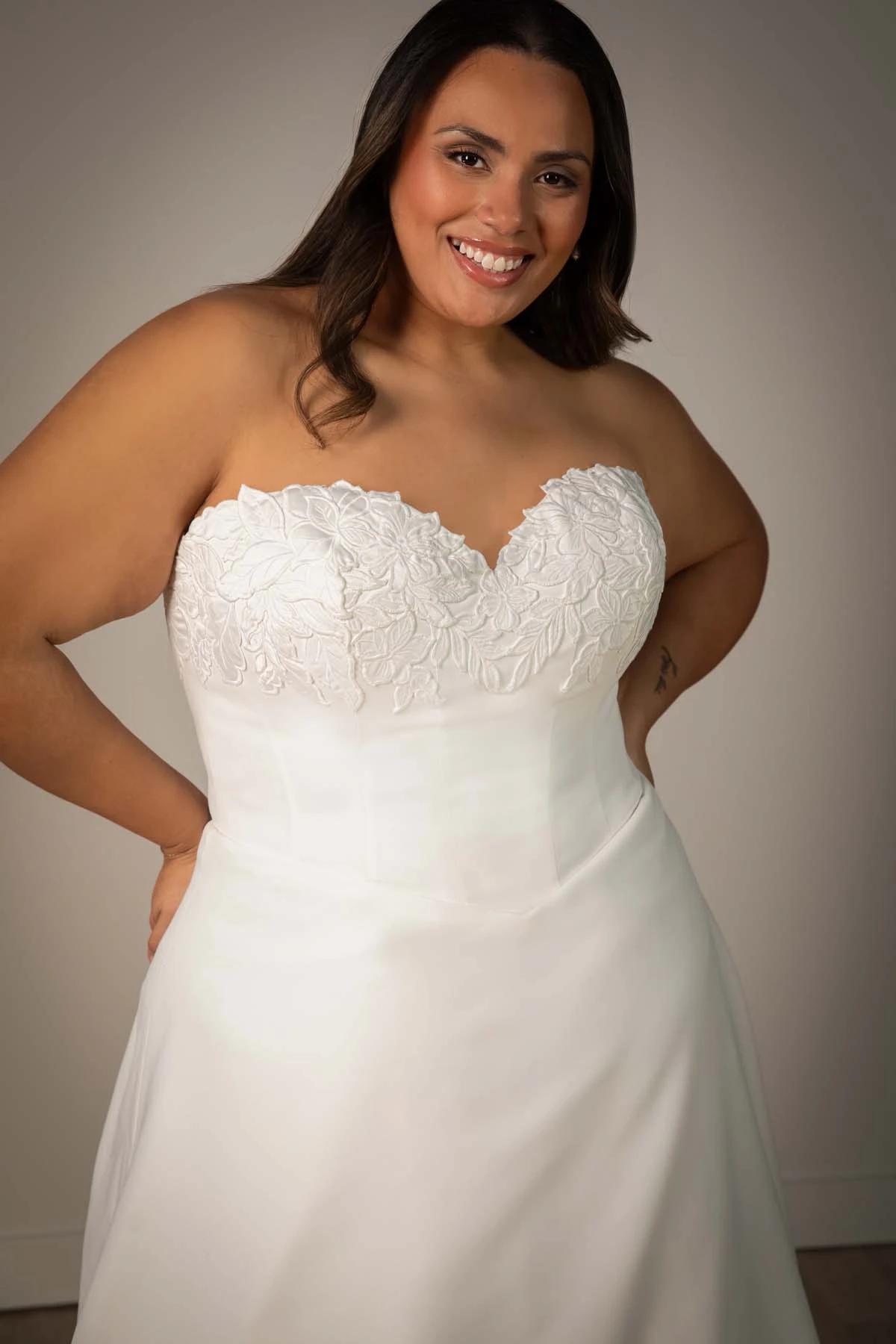 sy8328+ Plus Size Strapless Lace and Matte Satin A-Line Wedding Gown with Sweetheart Neckline by Stella York