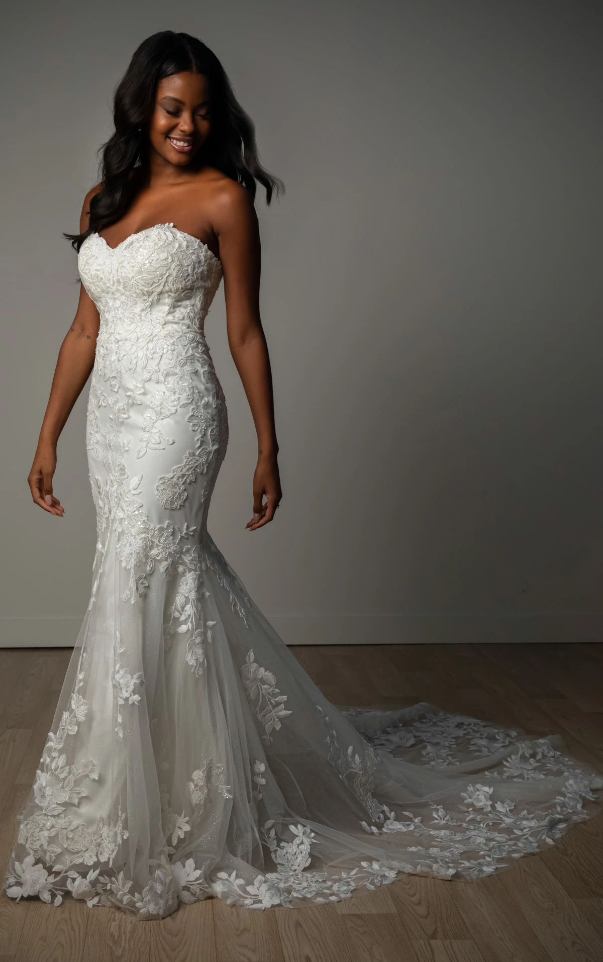 sy8332 Shimmering Lace and Tulle Trumpet Wedding Gown with Sequin Floral Appliqués by Stella York