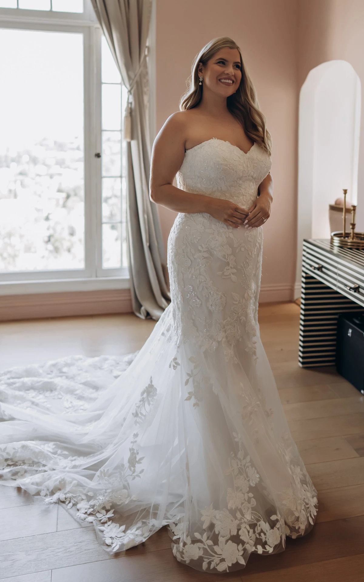 sy8332 Shimmering Lace and Tulle Trumpet Wedding Gown with Sequin Floral Appliqués by Stella York