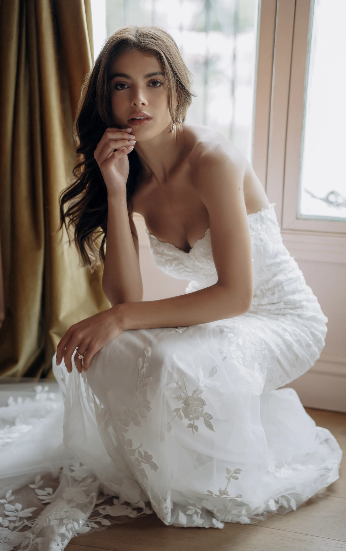 sy8332 Shimmering Lace and Tulle Trumpet Wedding Gown with Sequin Floral Appliqués by Stella York