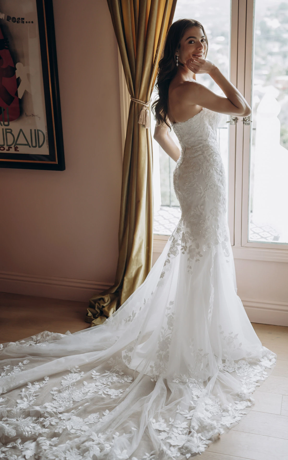 sy8332 Shimmering Lace and Tulle Trumpet Wedding Gown with Sequin Floral Appliqués by Stella York