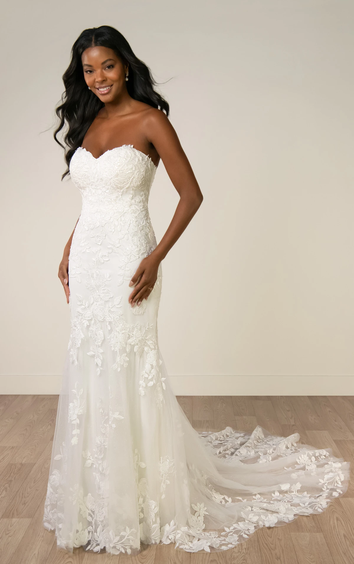 sy8332 Shimmering Lace and Tulle Trumpet Wedding Gown with Sequin Floral Appliqués by Stella York