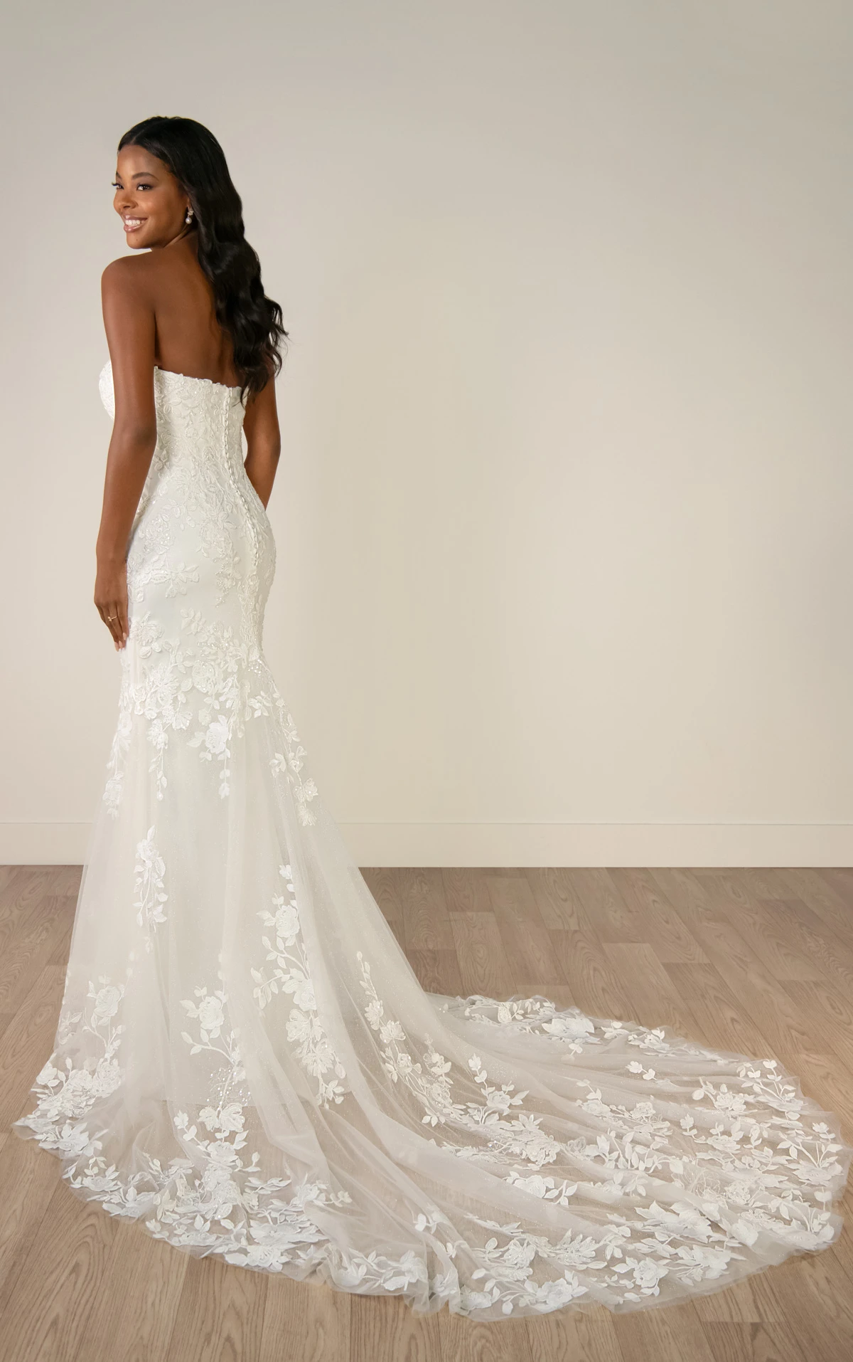 sy8332 Shimmering Lace and Tulle Trumpet Wedding Gown with Sequin Floral Appliqués by Stella York