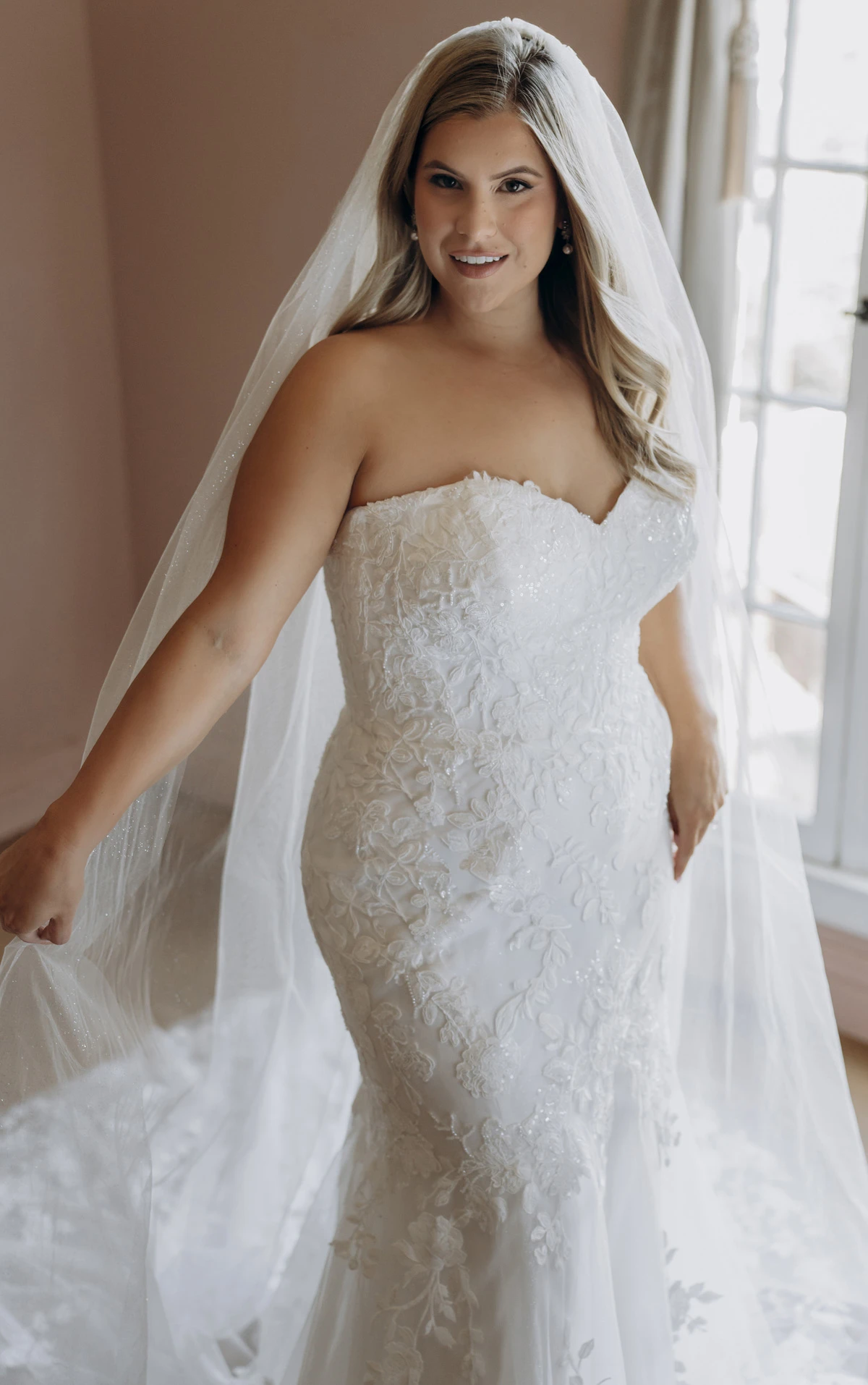 sy8332 Shimmering Lace and Tulle Trumpet Wedding Gown with Sequin Floral Appliqués by Stella York