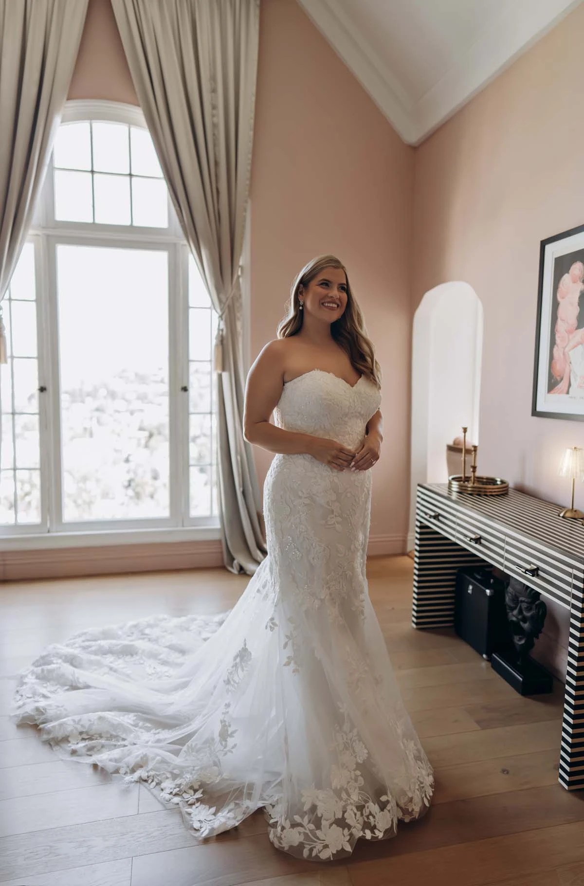 sy8332+ Plus Size Shimmering Lace and Tulle Trumpet Wedding Gown with Sequin Floral Appliqués by Stella York