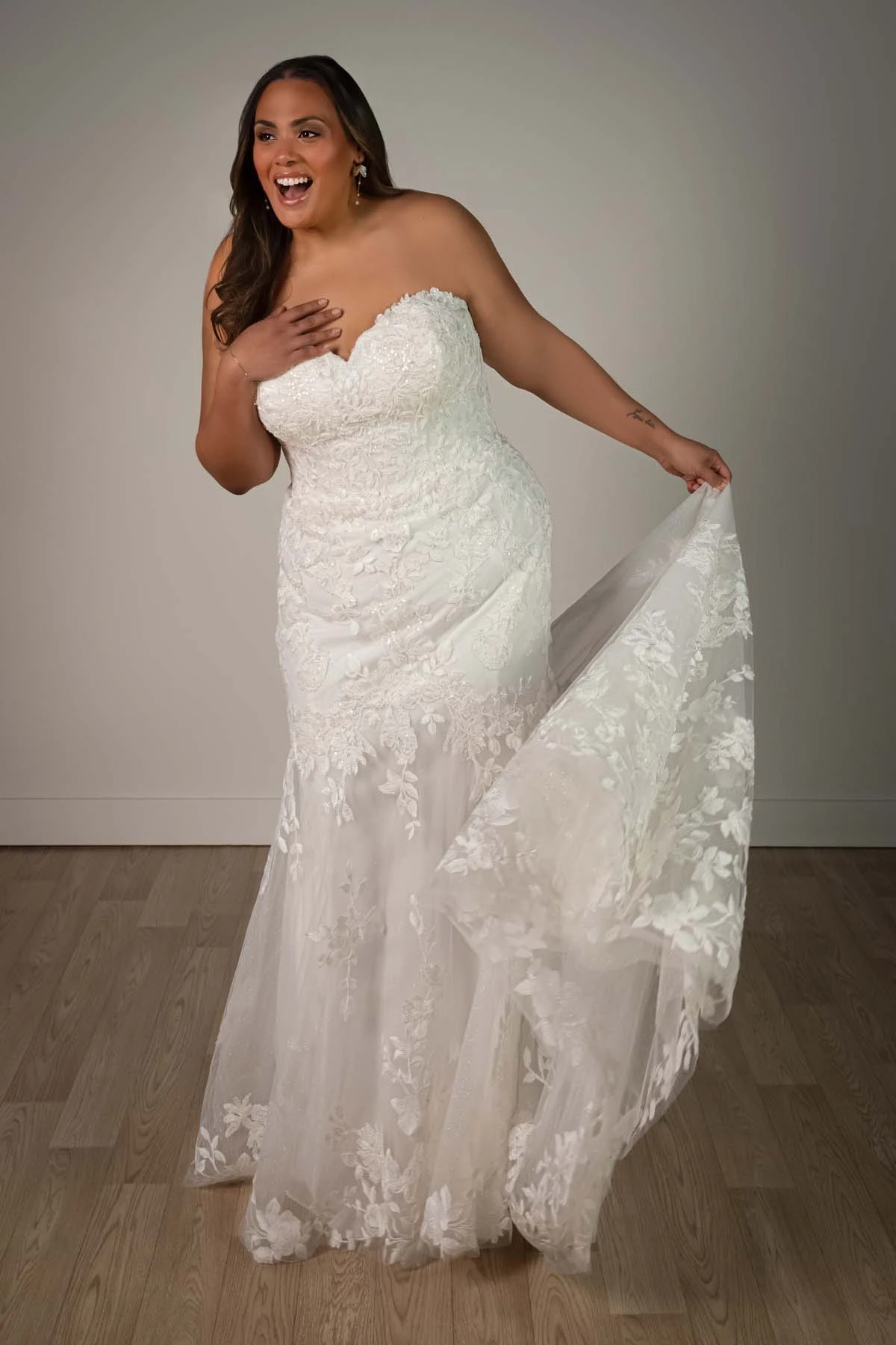 sy8332+ Plus Size Shimmering Lace and Tulle Trumpet Wedding Gown with Sequin Floral Appliqués by Stella York