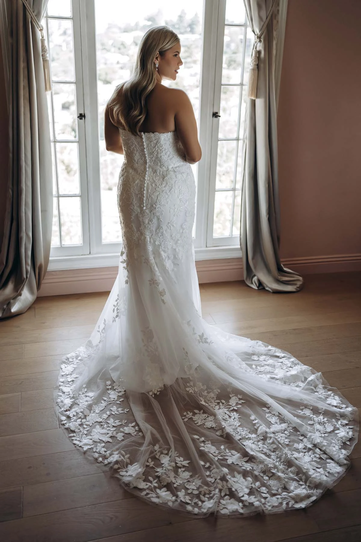 sy8332+ Plus Size Shimmering Lace and Tulle Trumpet Wedding Gown with Sequin Floral Appliqués by Stella York