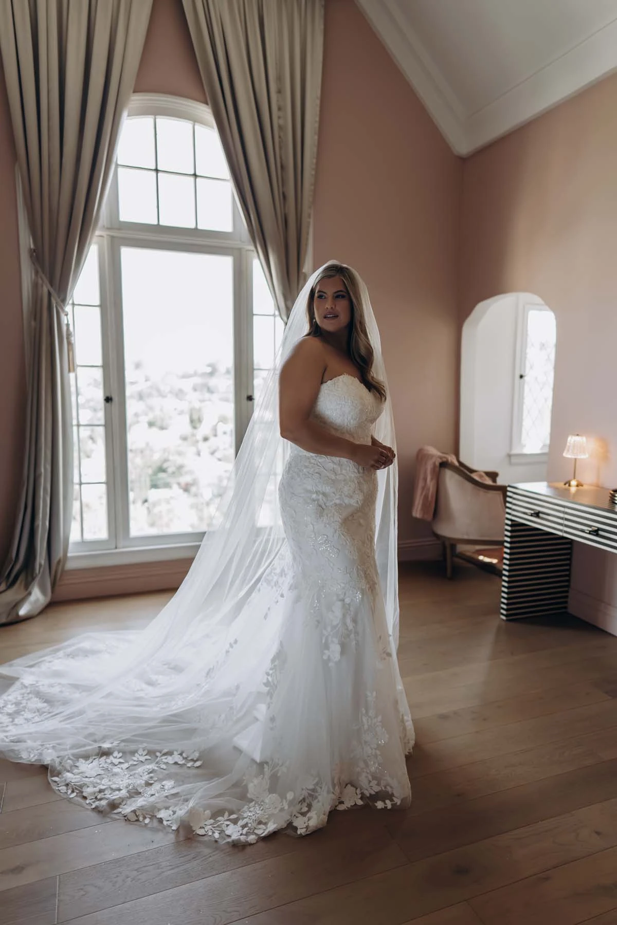 sy8332+ Plus Size Shimmering Lace and Tulle Trumpet Wedding Gown with Sequin Floral Appliqués by Stella York