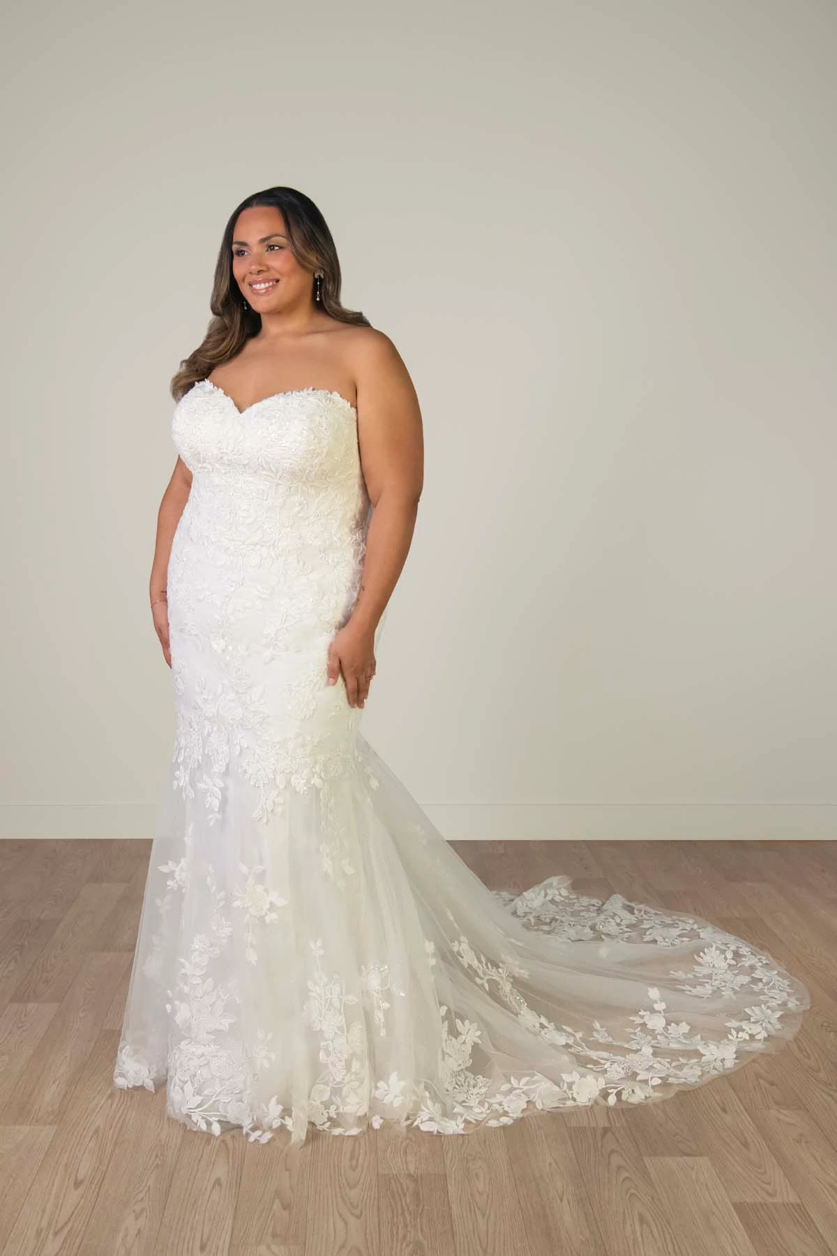sy8332+ Plus Size Shimmering Lace and Tulle Trumpet Wedding Gown with Sequin Floral Appliqués by Stella York
