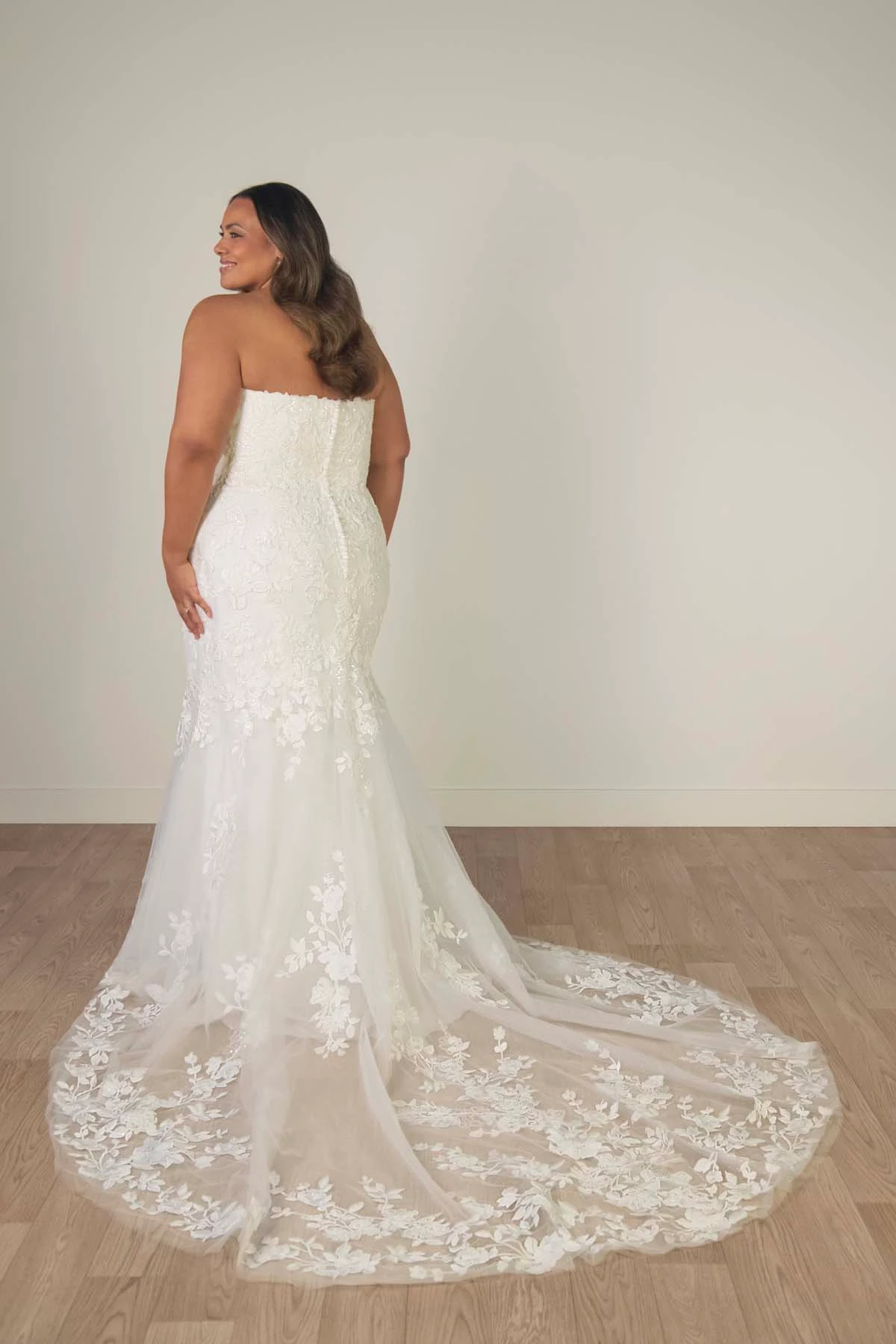 sy8332+ Plus Size Shimmering Lace and Tulle Trumpet Wedding Gown with Sequin Floral Appliqués by Stella York